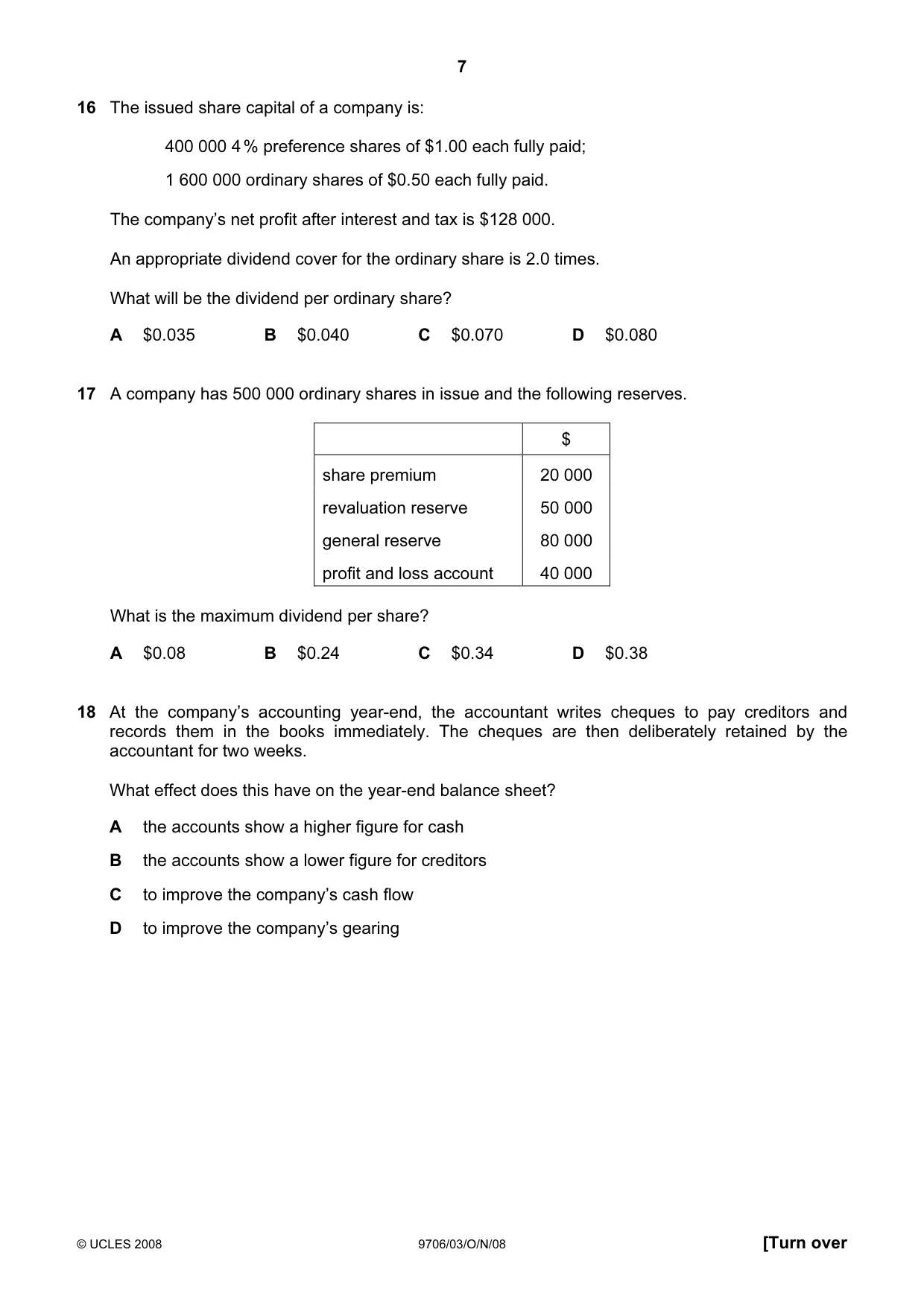 Cambridge A Level Accounting 9706 2008 Oct/Nov Paper 3 · Variant 1 question paper, page 7 of 12