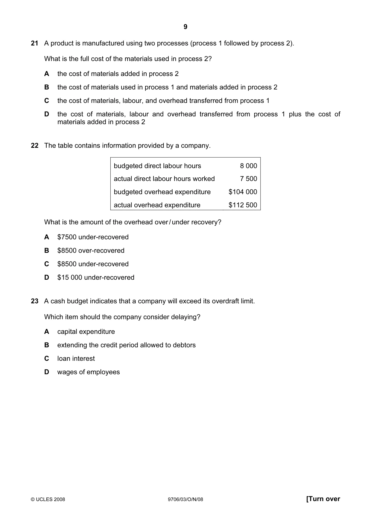 Cambridge A Level Accounting 9706 2008 Oct/Nov Paper 3 · Variant 1 question paper, page 9 of 12