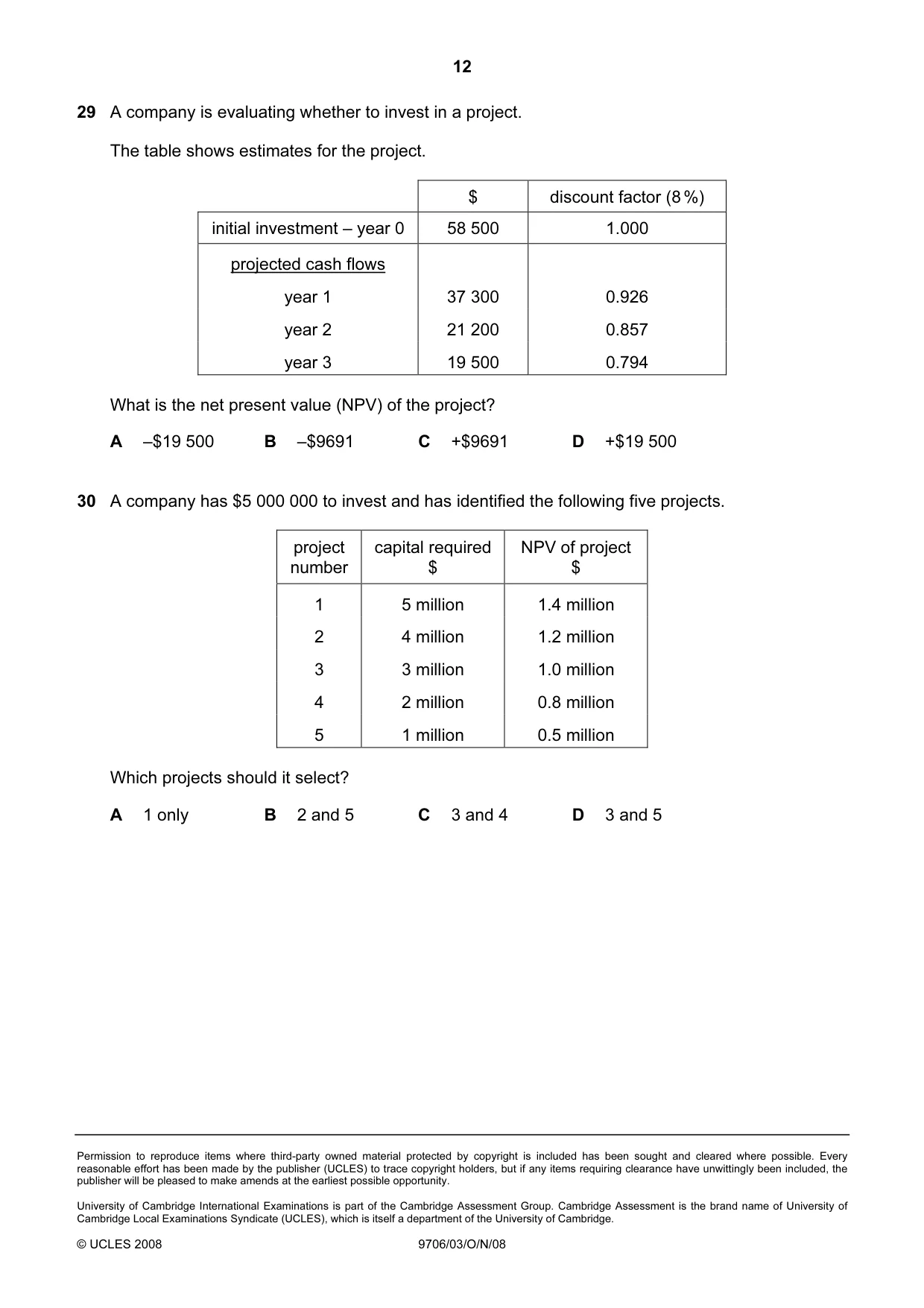 Cambridge A Level Accounting 9706 2008 Oct/Nov Paper 3 · Variant 1 question paper, page 12 of 12