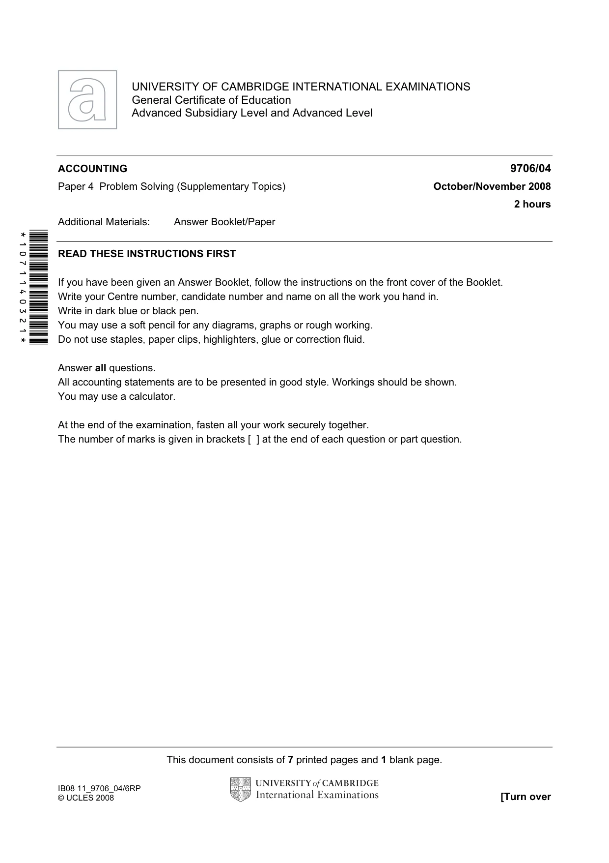 Cambridge A Level Accounting 9706 2008 Oct/Nov Paper 4 · Variant 1 question paper, page 1 of 8