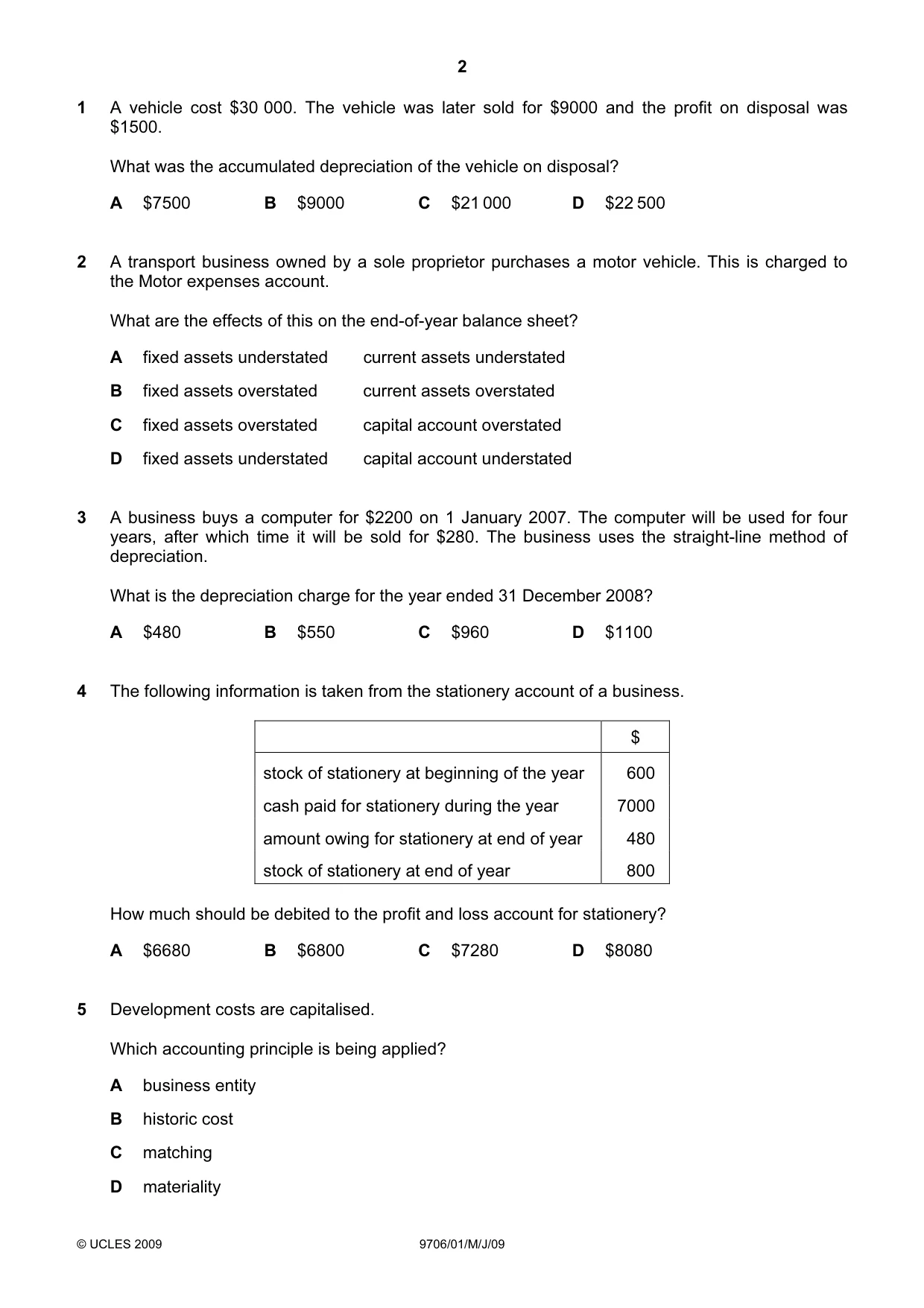 Cambridge A Level Accounting 9706 2009 May/June Paper 1 · Variant 1 question paper, page 2 of 12