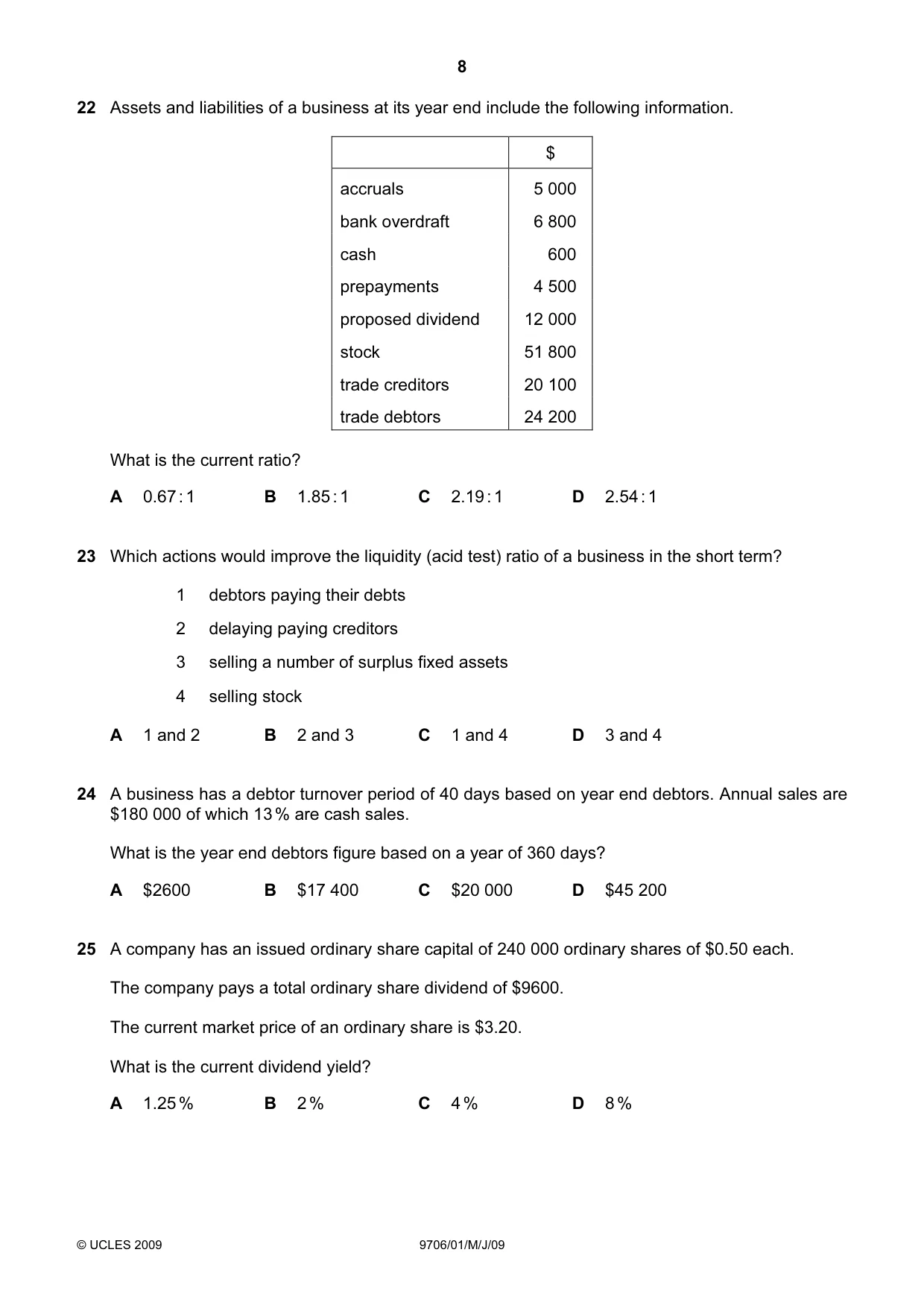 Cambridge A Level Accounting 9706 2009 May/June Paper 1 · Variant 1 question paper, page 8 of 12