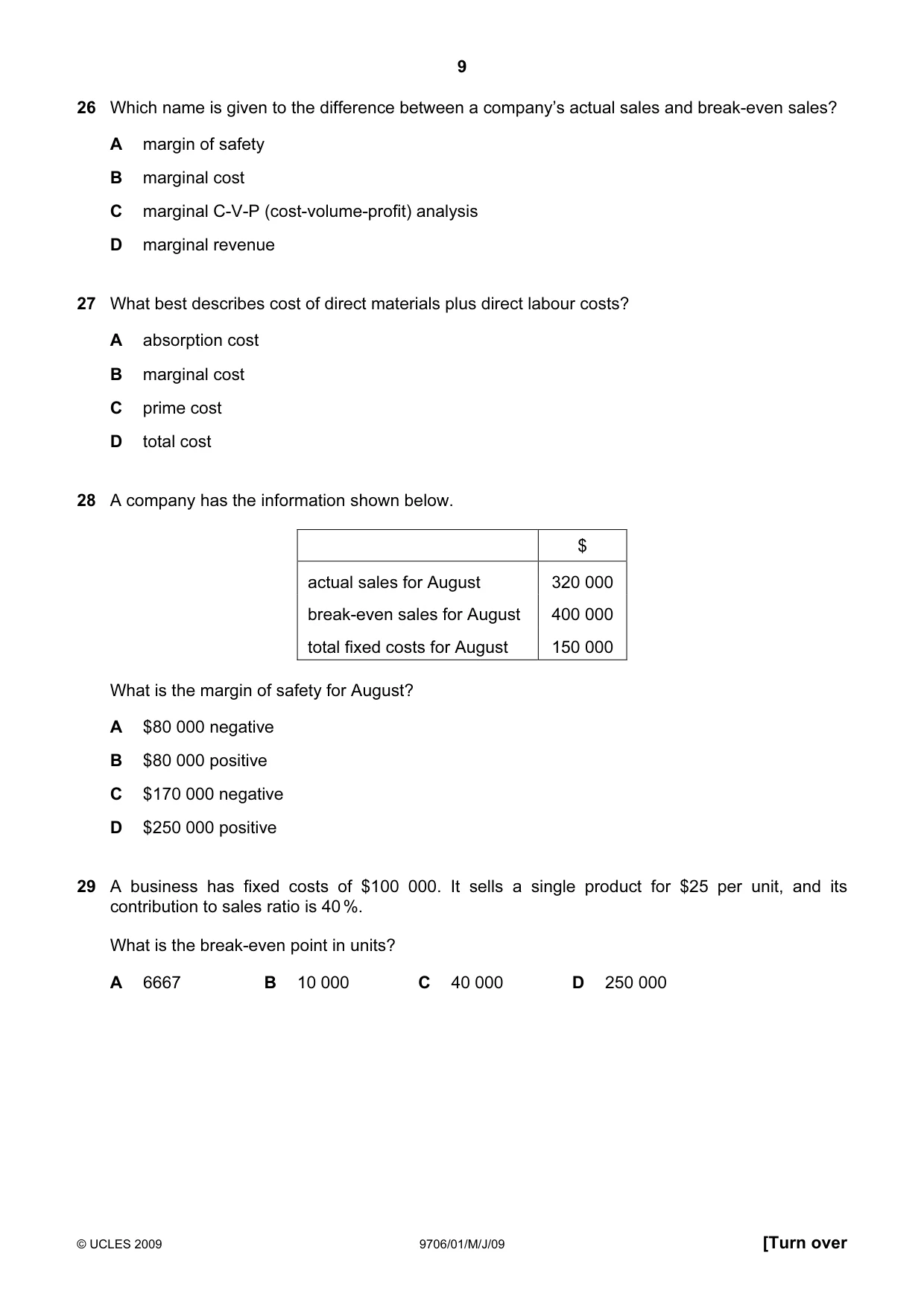 Cambridge A Level Accounting 9706 2009 May/June Paper 1 · Variant 1 question paper, page 9 of 12