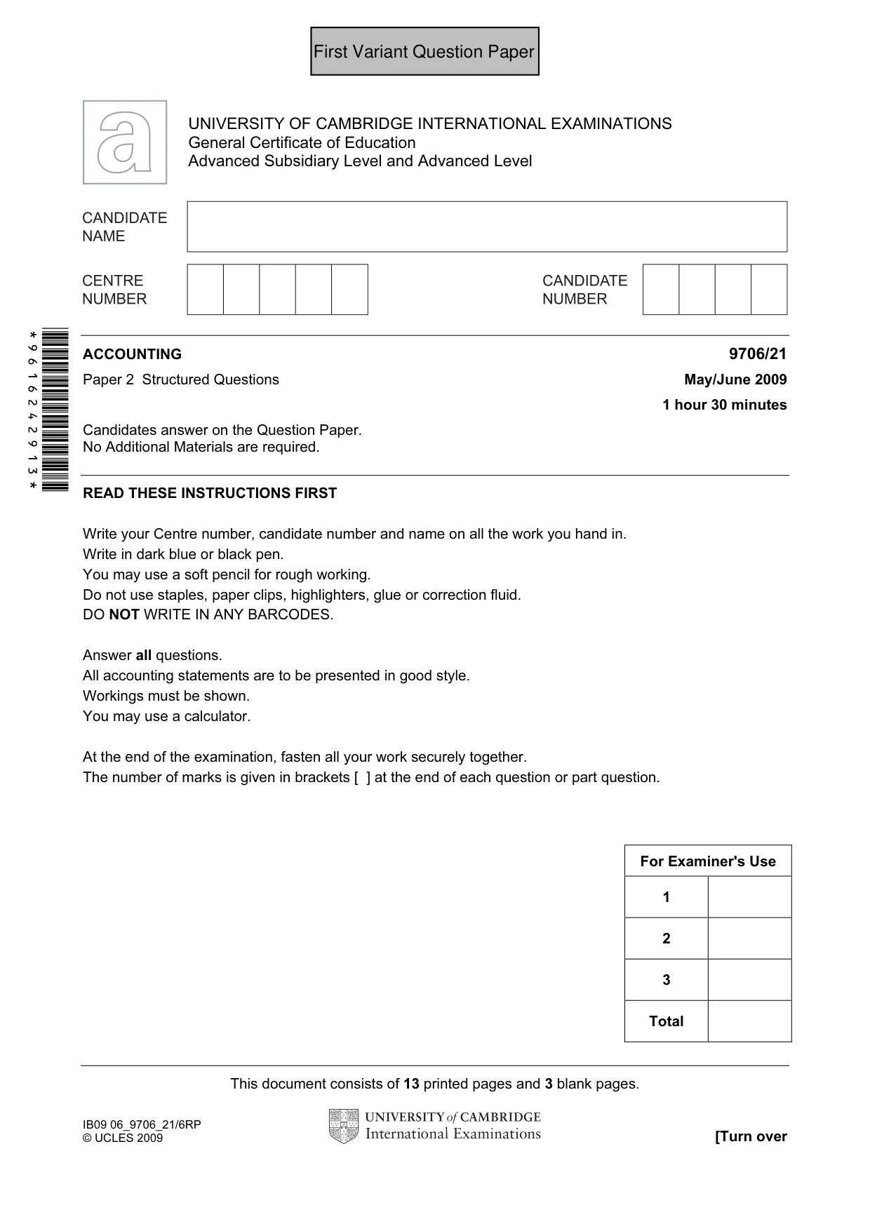 Cambridge A Level Accounting 9706 2009 May/June Paper 2 · Variant 1 question paper, page 2 of 33