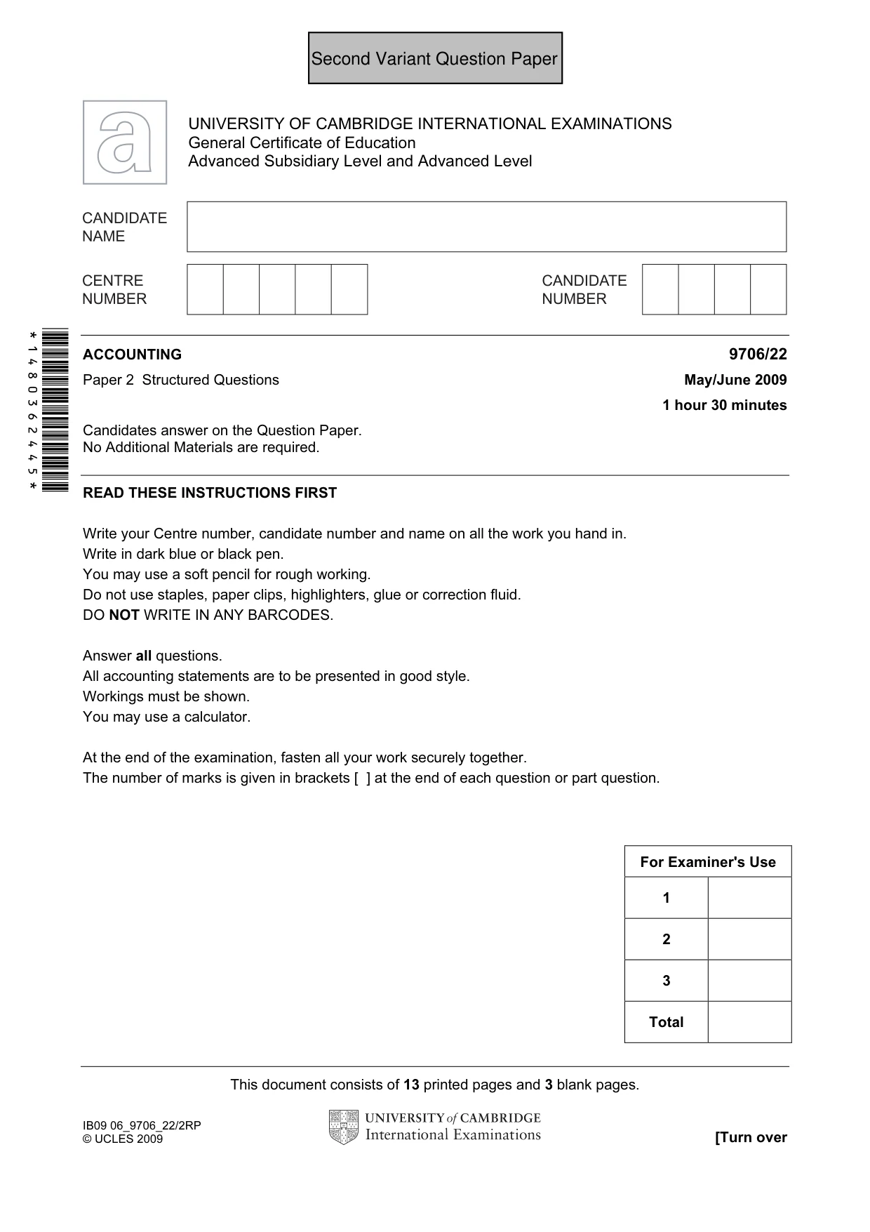 Cambridge A Level Accounting 9706 2009 May/June Paper 2 · Variant 1 question paper, page 18 of 33