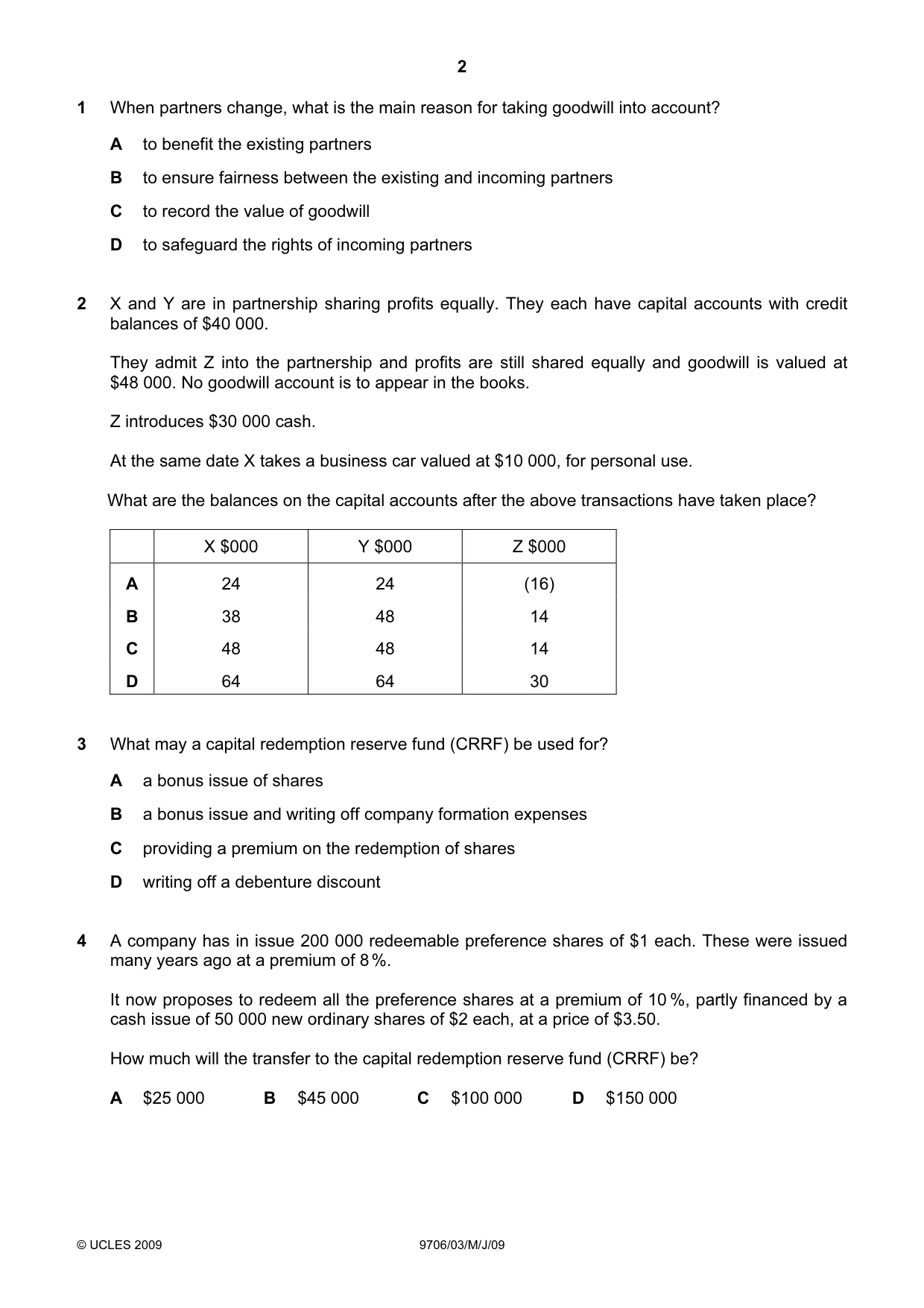 Cambridge A Level Accounting 9706 2009 May/June Paper 3 · Variant 1 question paper, page 2 of 12