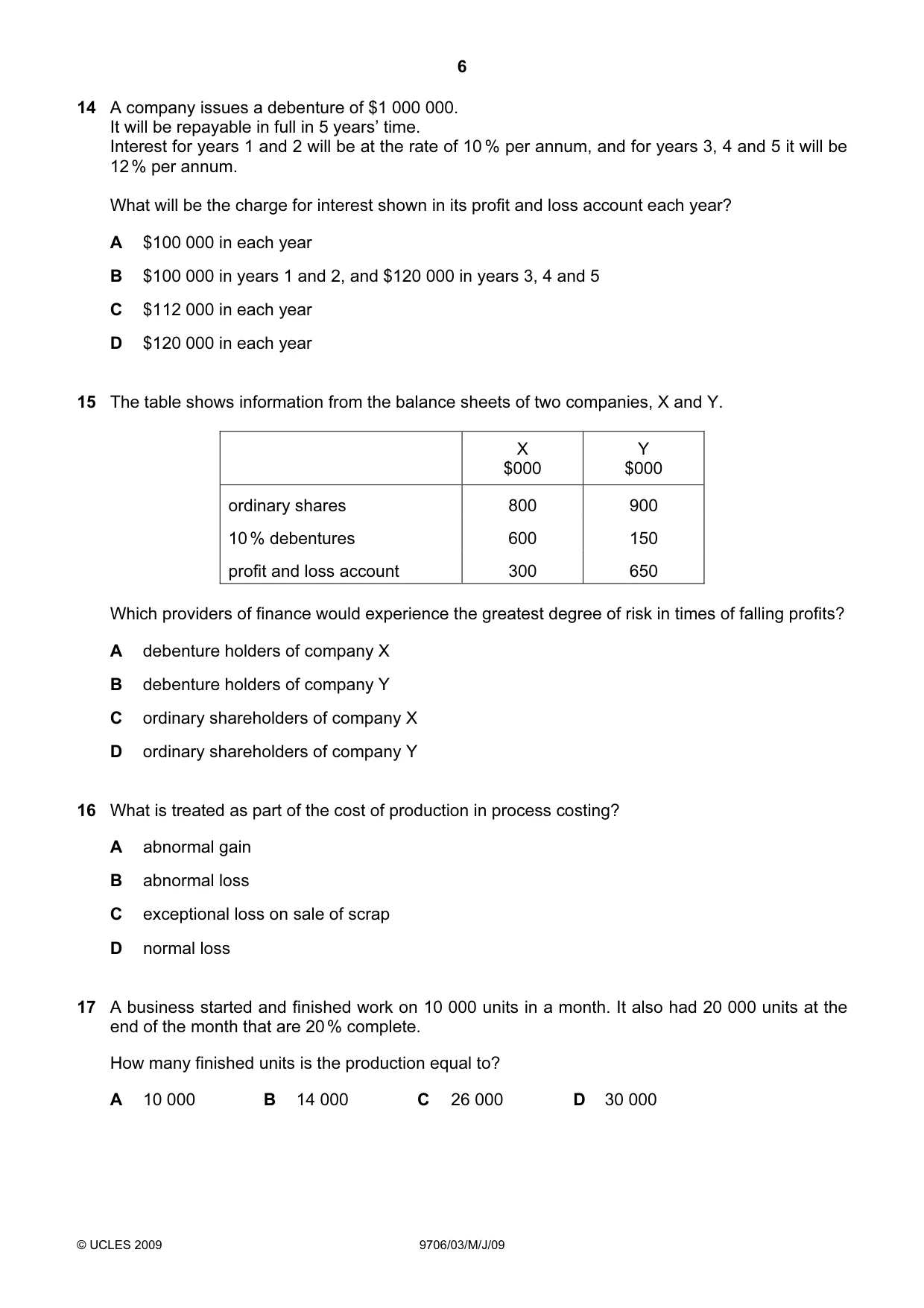 Cambridge A Level Accounting 9706 2009 May/June Paper 3 · Variant 1 question paper, page 6 of 12