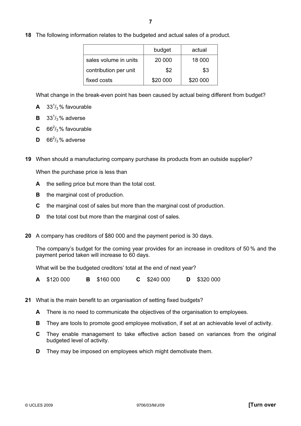 Cambridge A Level Accounting 9706 2009 May/June Paper 3 · Variant 1 question paper, page 7 of 12