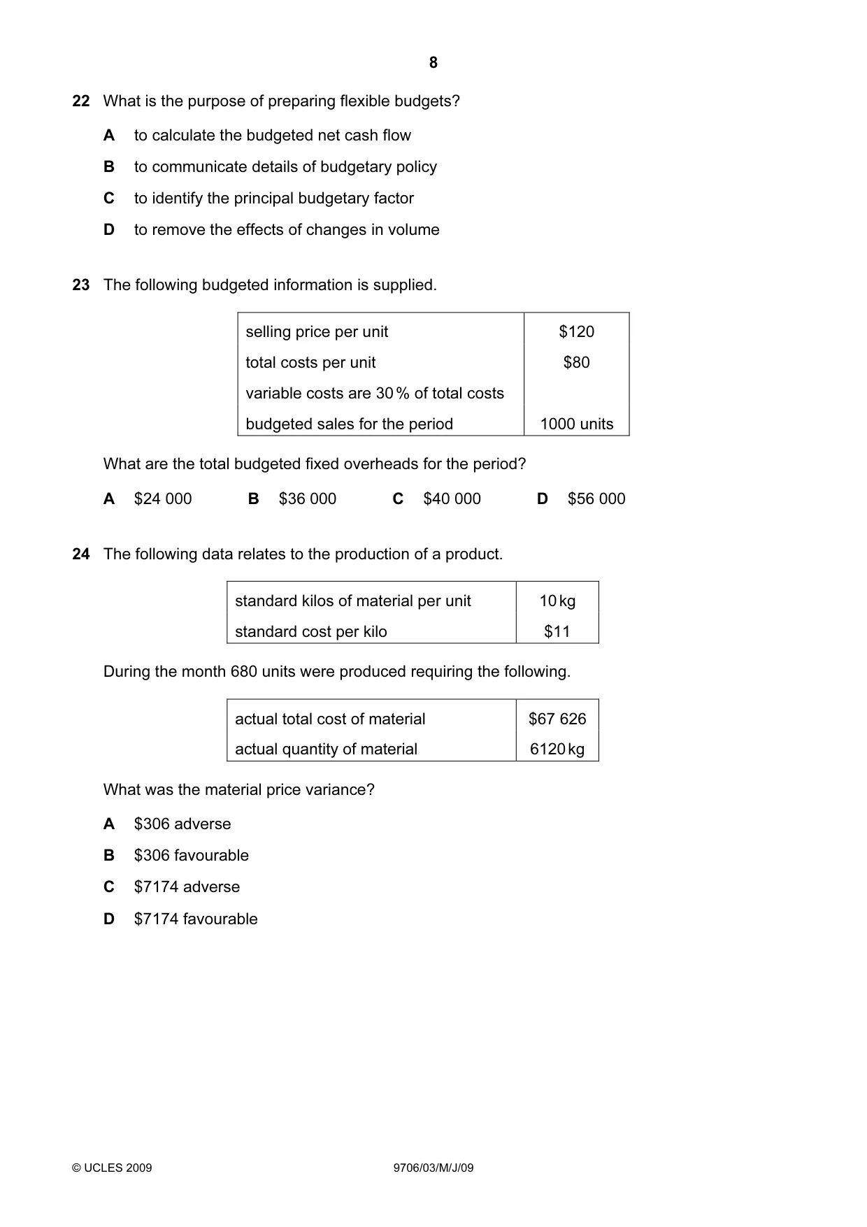Cambridge A Level Accounting 9706 2009 May/June Paper 3 · Variant 1 question paper, page 8 of 12