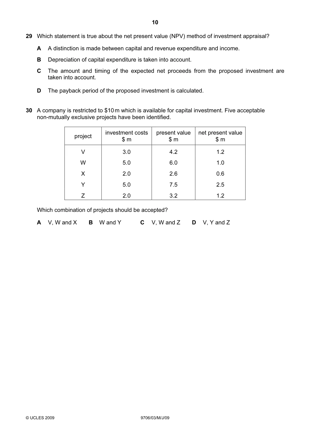 Cambridge A Level Accounting 9706 2009 May/June Paper 3 · Variant 1 question paper, page 10 of 12