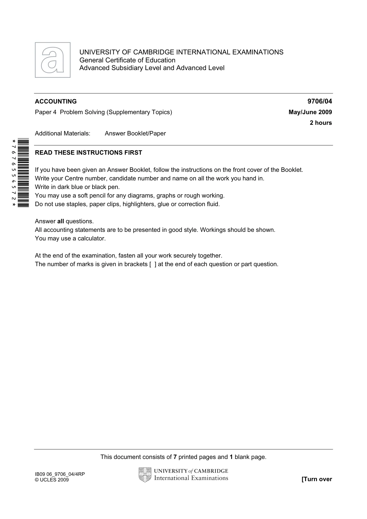 Cambridge A Level Accounting 9706 2009 May/June Paper 4 · Variant 1 question paper, page 1 of 8