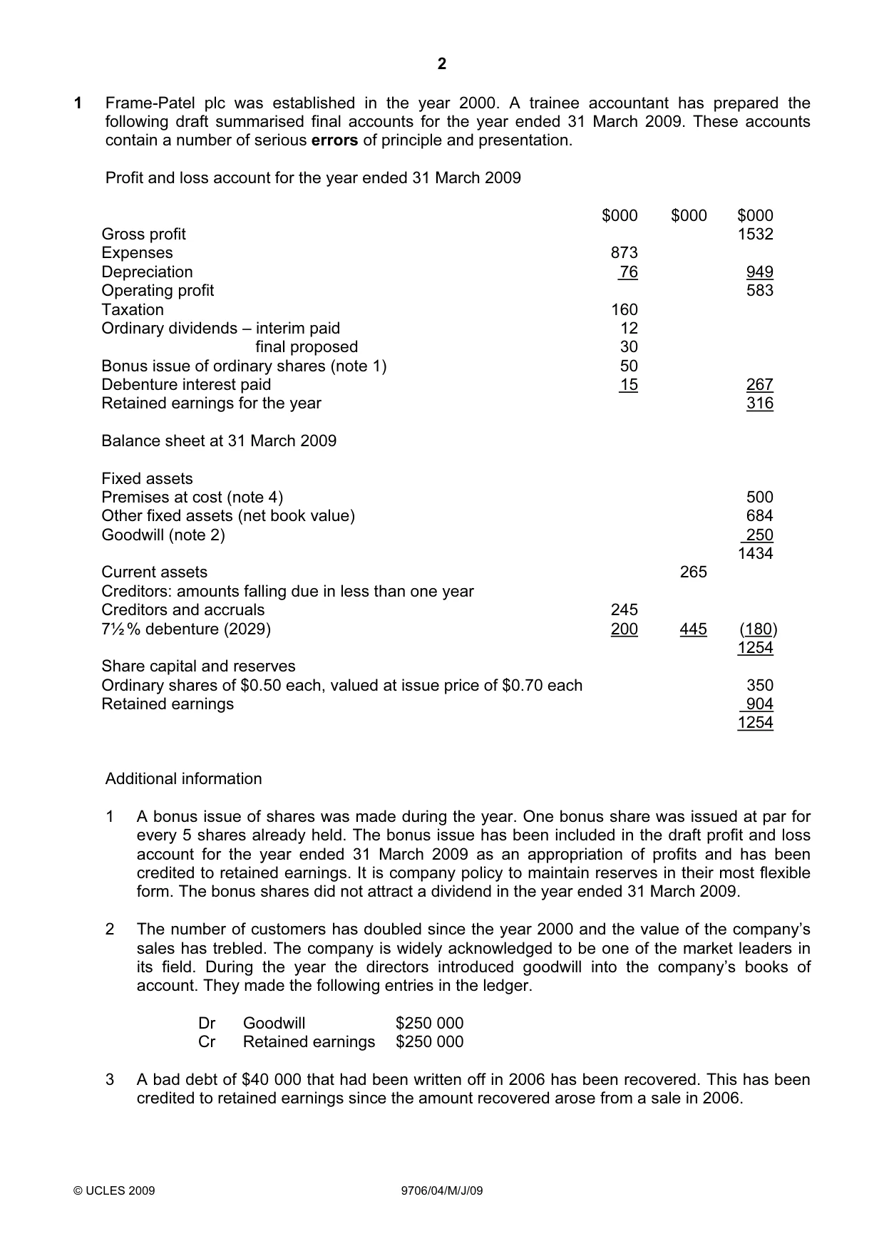 Cambridge A Level Accounting 9706 2009 May/June Paper 4 · Variant 1 question paper, page 2 of 8