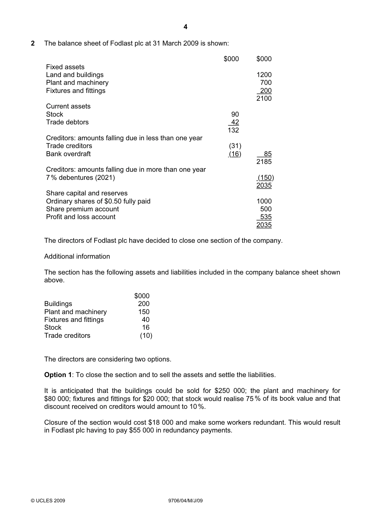 Cambridge A Level Accounting 9706 2009 May/June Paper 4 · Variant 1 question paper, page 4 of 8