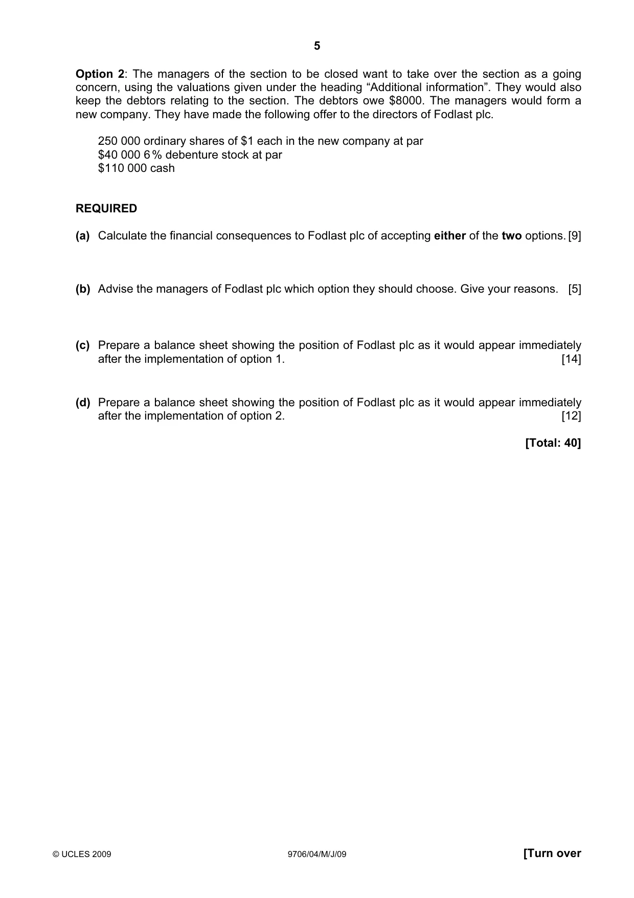 Cambridge A Level Accounting 9706 2009 May/June Paper 4 · Variant 1 question paper, page 5 of 8