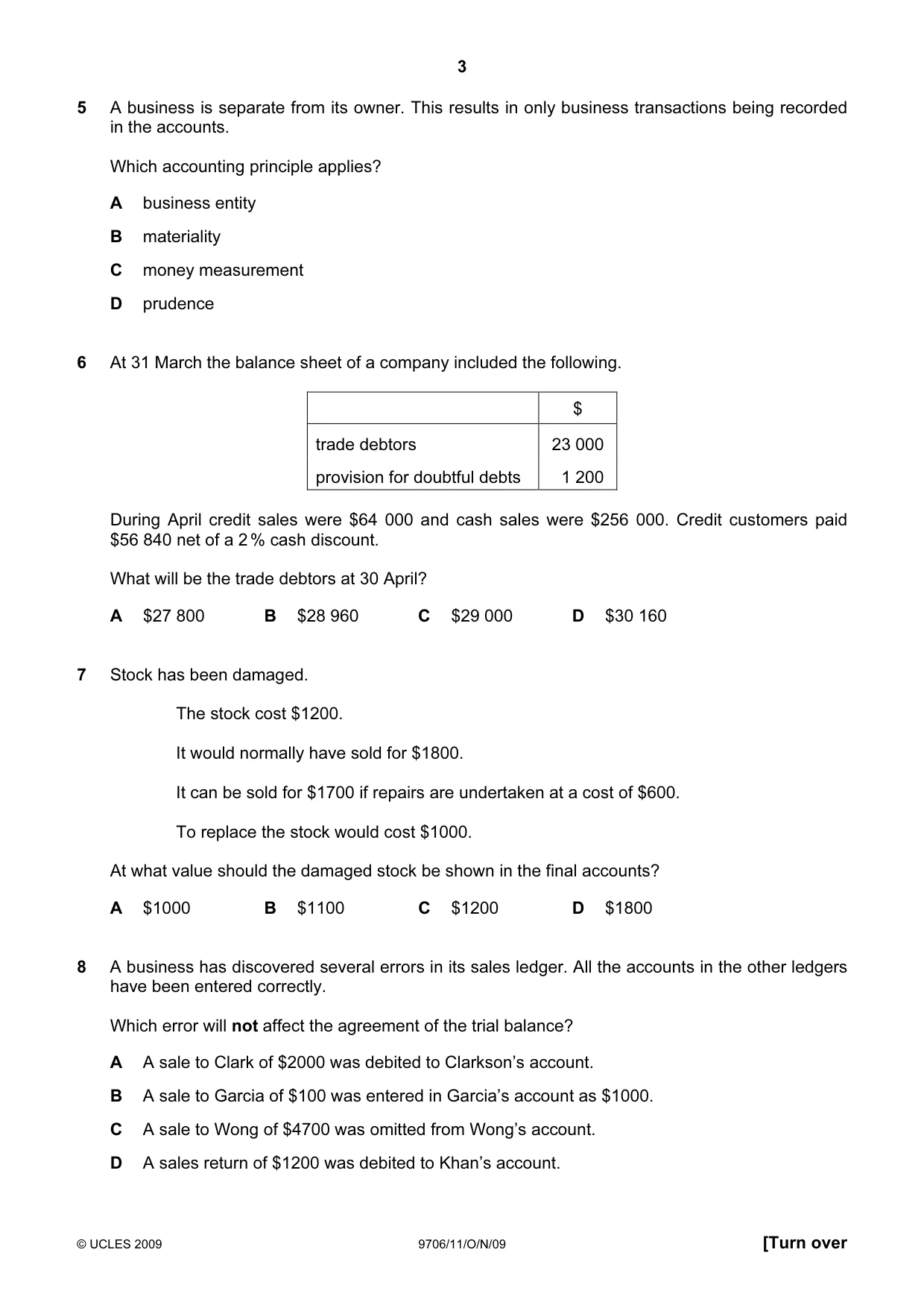 Cambridge A Level Accounting 9706 2009 Oct/Nov Paper 1 · Variant 1 question paper, page 3 of 12