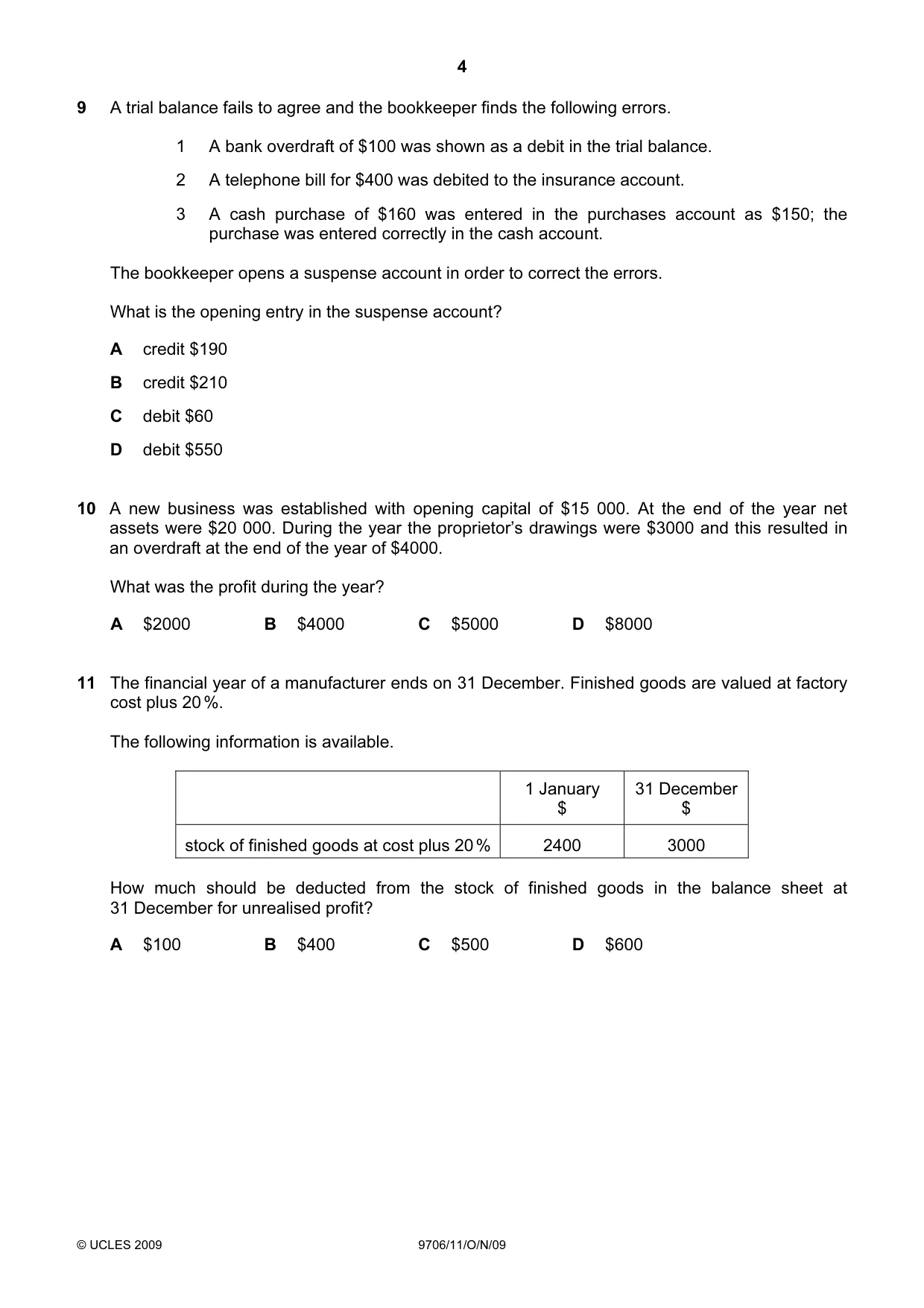 Cambridge A Level Accounting 9706 2009 Oct/Nov Paper 1 · Variant 1 question paper, page 4 of 12