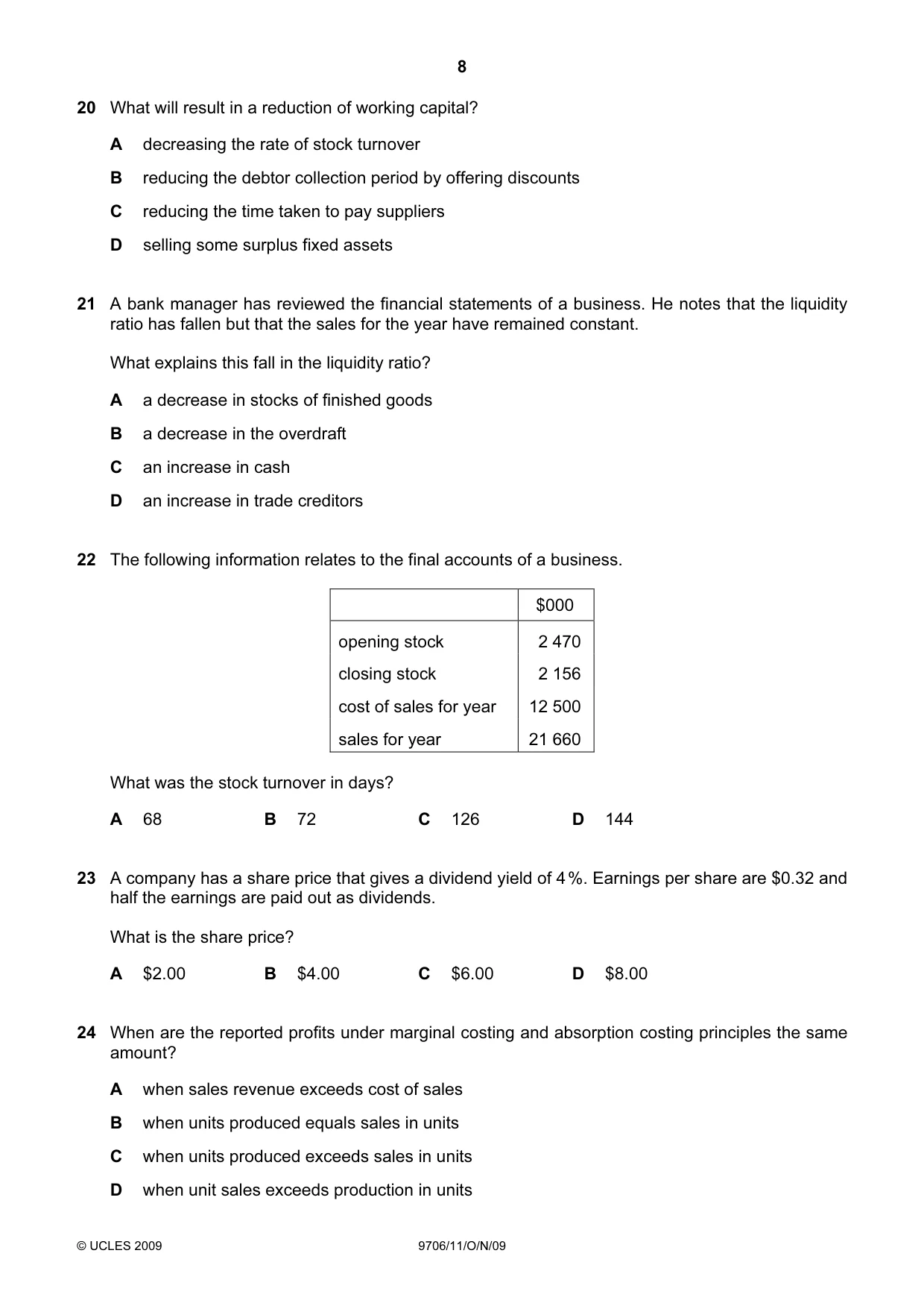 Cambridge A Level Accounting 9706 2009 Oct/Nov Paper 1 · Variant 1 question paper, page 8 of 12