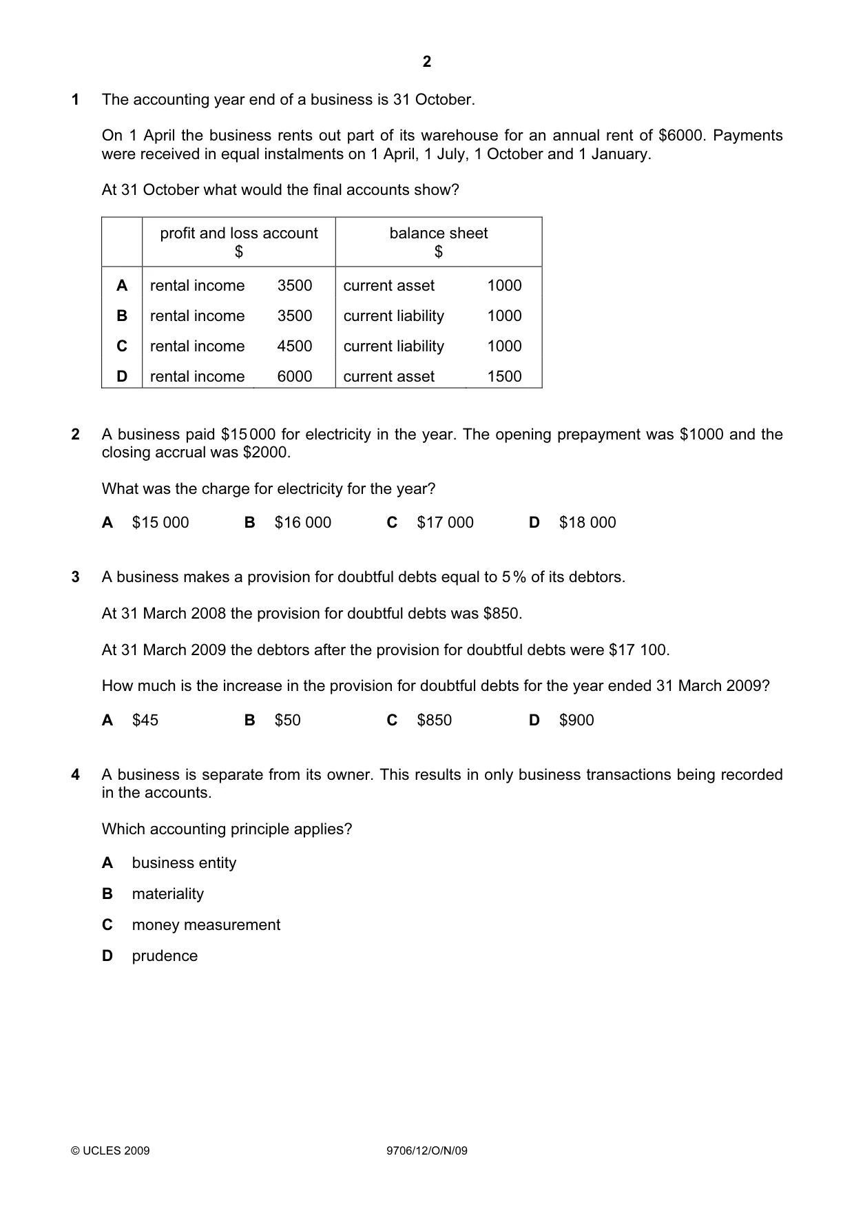 Cambridge A Level Accounting 9706 2009 Oct/Nov Paper 1 · Variant 2 question paper, page 2 of 12