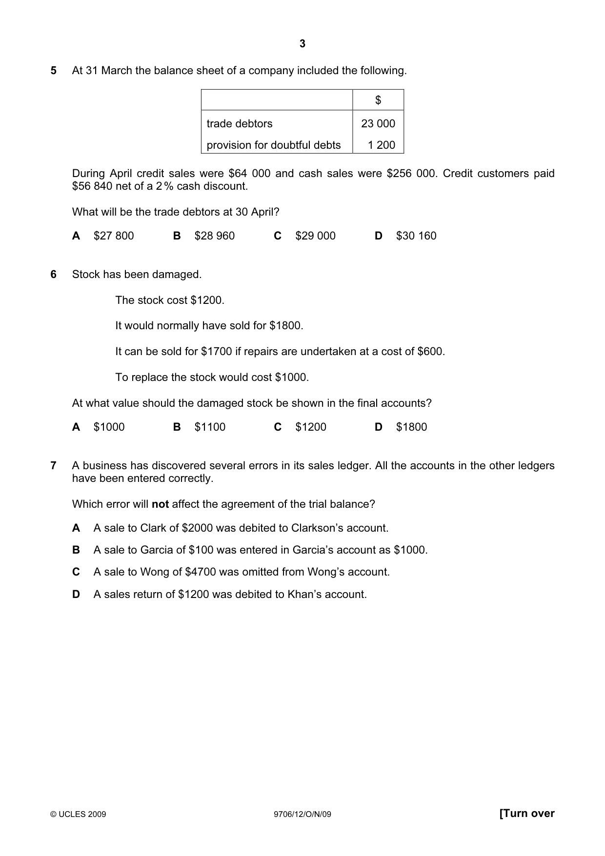 Cambridge A Level Accounting 9706 2009 Oct/Nov Paper 1 · Variant 2 question paper, page 3 of 12