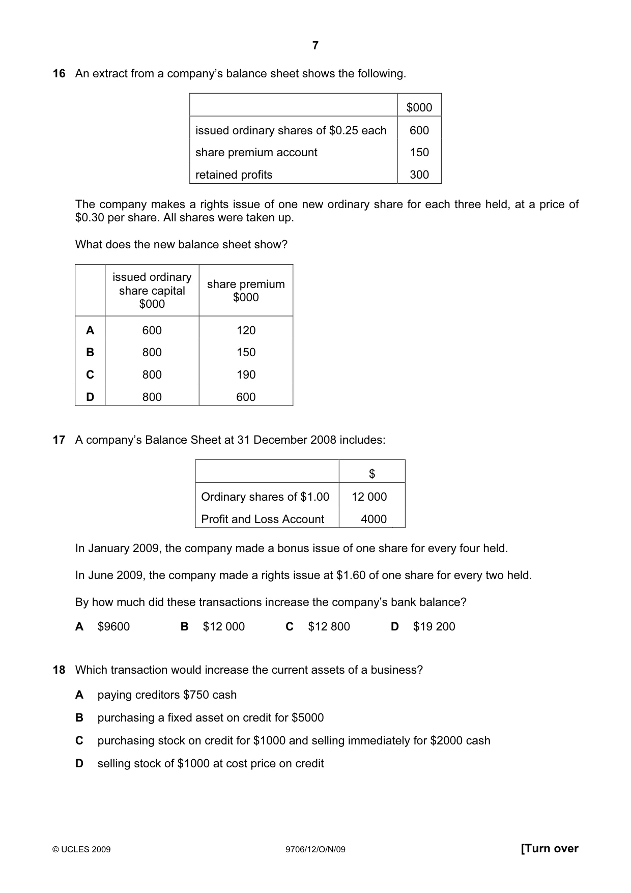 Cambridge A Level Accounting 9706 2009 Oct/Nov Paper 1 · Variant 2 question paper, page 7 of 12