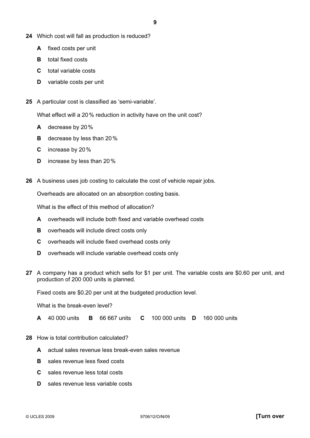 Cambridge A Level Accounting 9706 2009 Oct/Nov Paper 1 · Variant 2 question paper, page 9 of 12