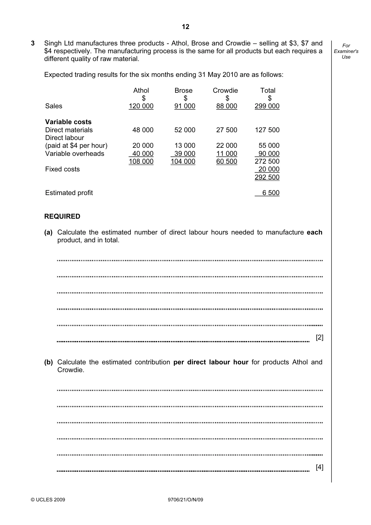 Cambridge A Level Accounting 9706 2009 Oct/Nov Paper 2 · Variant 1 question paper, page 12 of 16