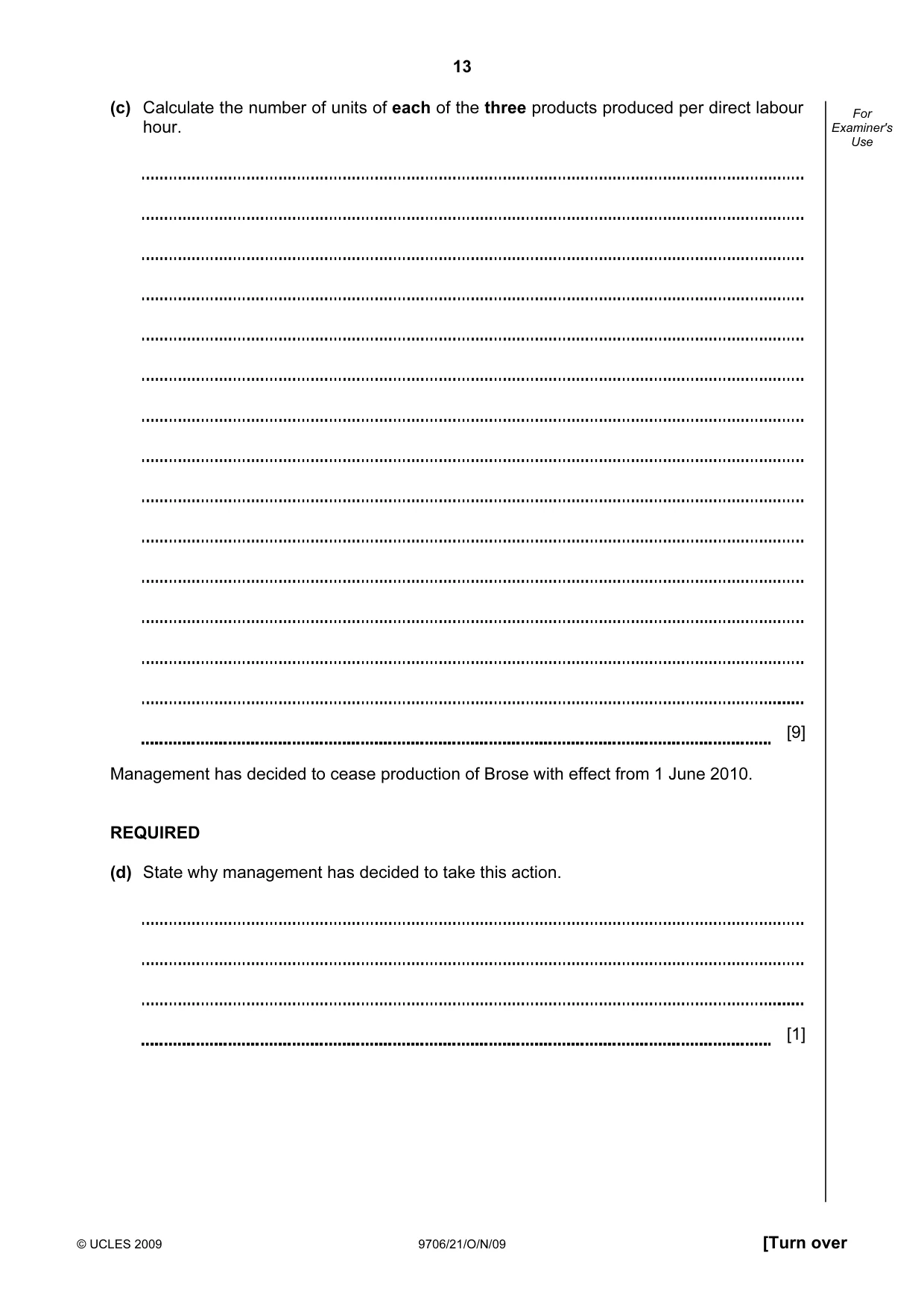 Cambridge A Level Accounting 9706 2009 Oct/Nov Paper 2 · Variant 1 question paper, page 13 of 16