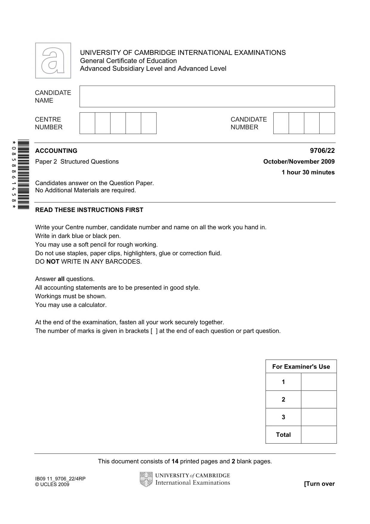 Cambridge A Level Accounting 9706 2009 Oct/Nov Paper 2 · Variant 2 question paper, page 1 of 16