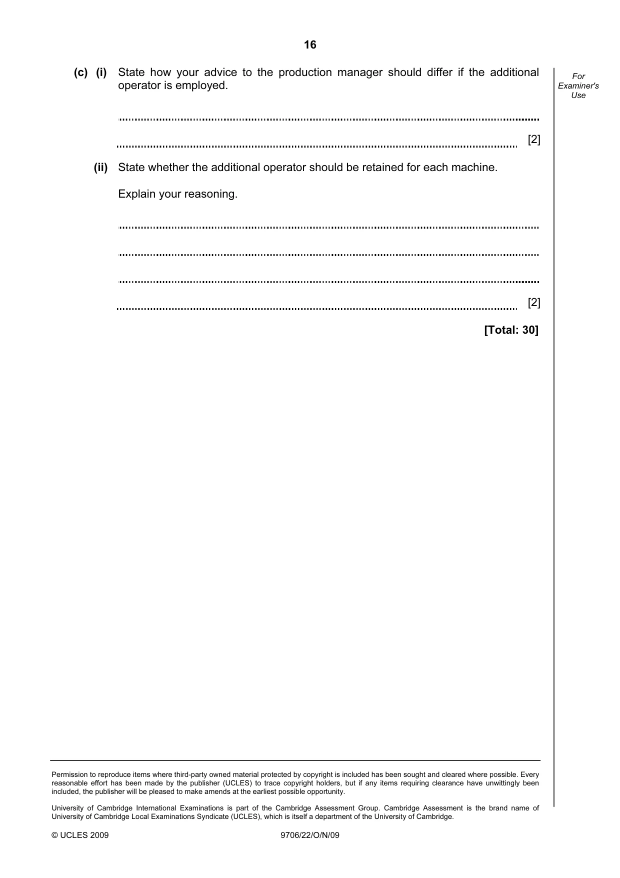 Cambridge A Level Accounting 9706 2009 Oct/Nov Paper 2 · Variant 2 question paper, page 16 of 16