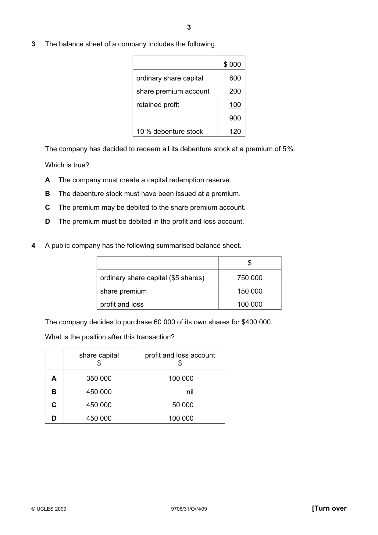 Cambridge A Level Accounting 9706 2009 Oct/Nov Paper 3 · Variant 1 question paper, page 3 of 12