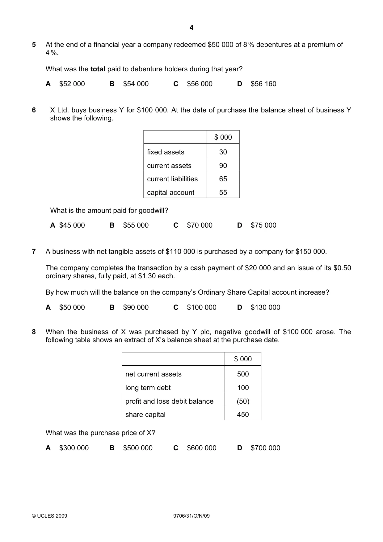 Cambridge A Level Accounting 9706 2009 Oct/Nov Paper 3 · Variant 1 question paper, page 4 of 12