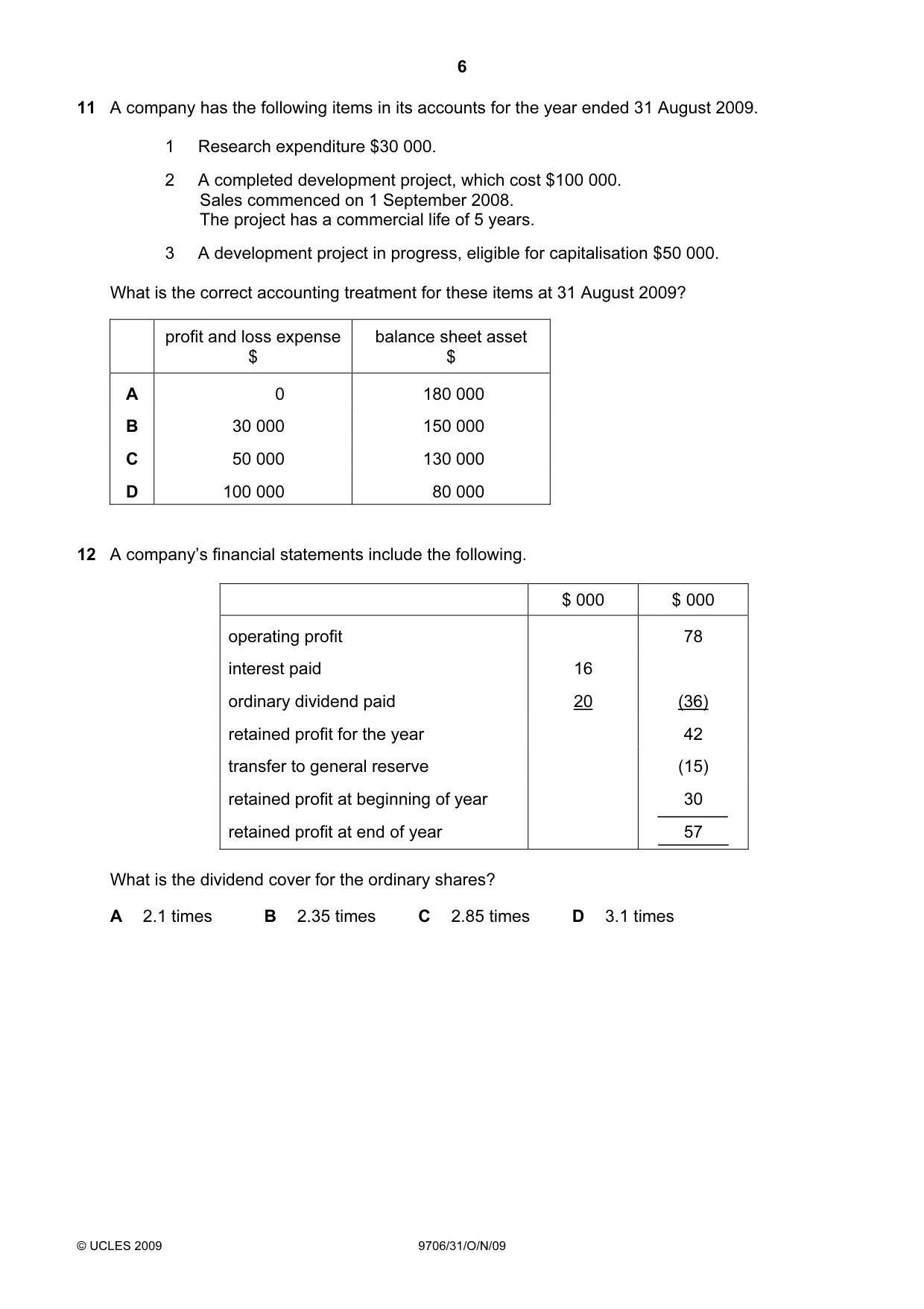 Cambridge A Level Accounting 9706 2009 Oct/Nov Paper 3 · Variant 1 question paper, page 6 of 12