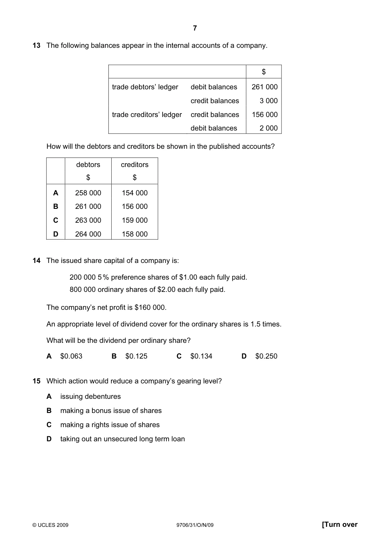 Cambridge A Level Accounting 9706 2009 Oct/Nov Paper 3 · Variant 1 question paper, page 7 of 12