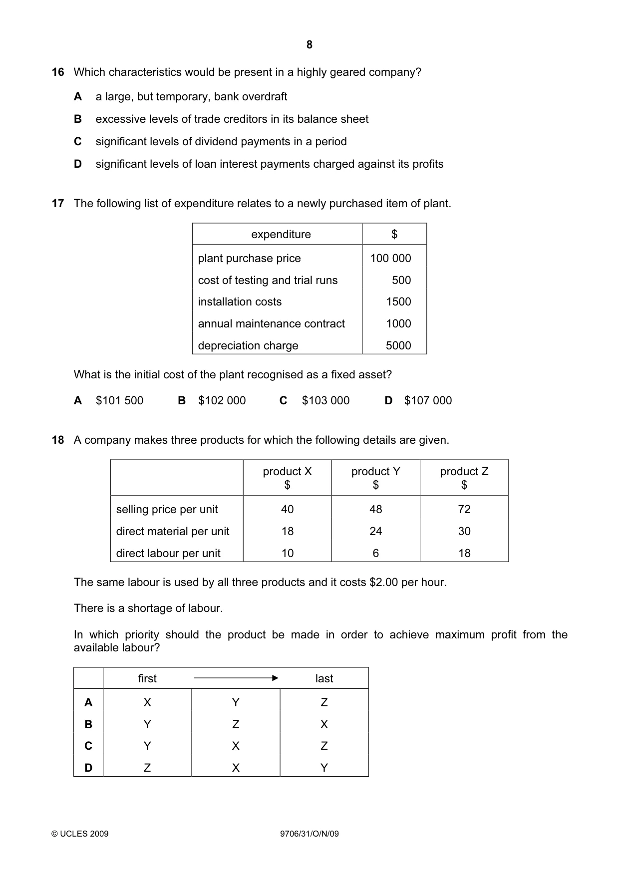 Cambridge A Level Accounting 9706 2009 Oct/Nov Paper 3 · Variant 1 question paper, page 8 of 12