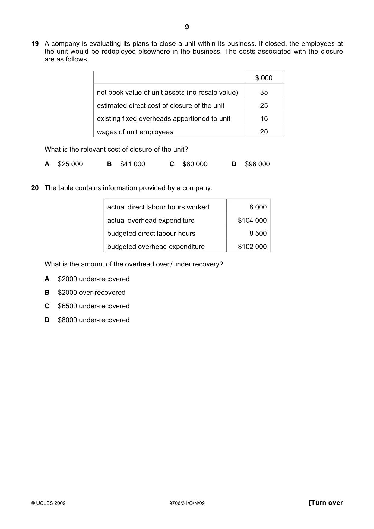 Cambridge A Level Accounting 9706 2009 Oct/Nov Paper 3 · Variant 1 question paper, page 9 of 12