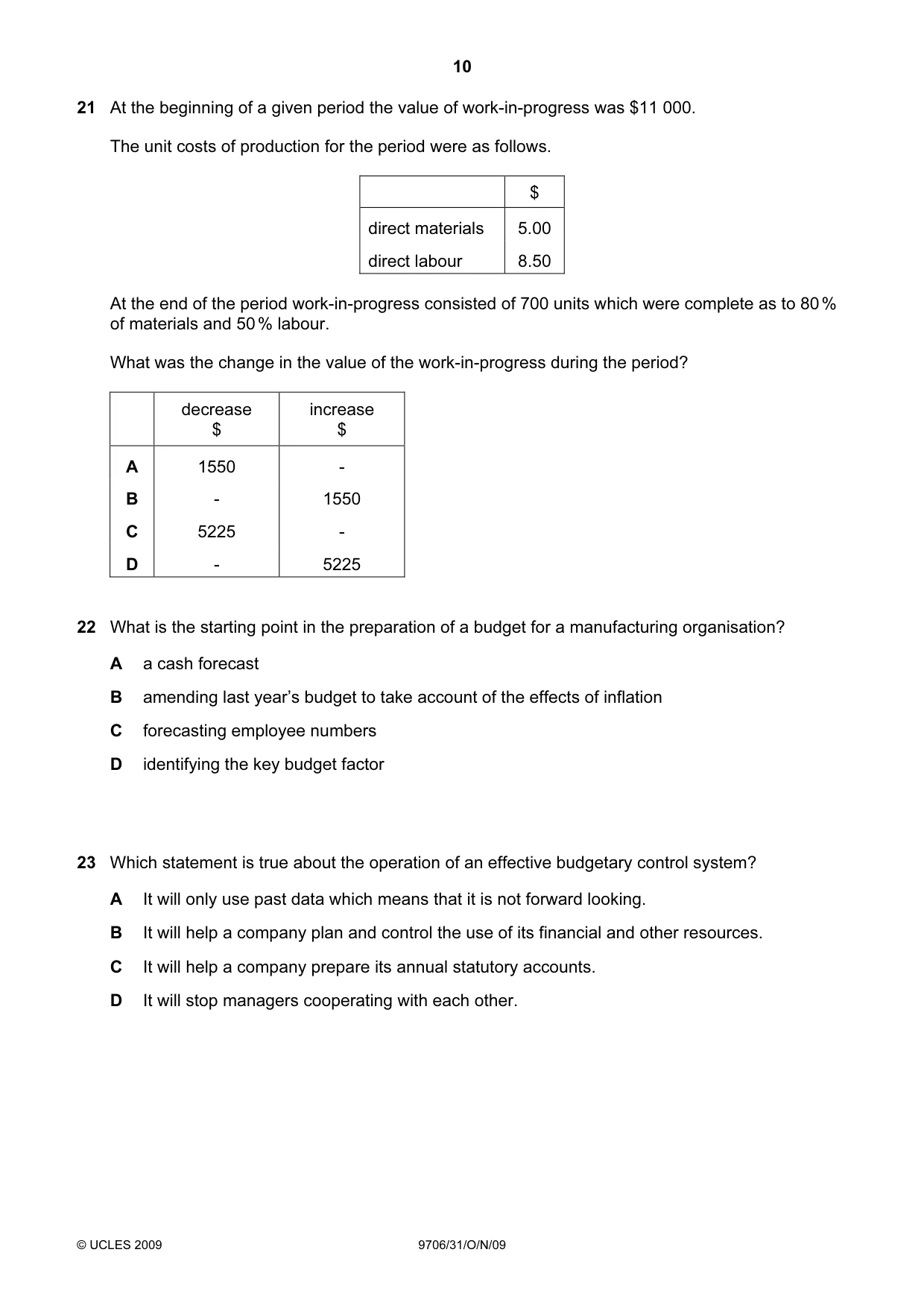 Cambridge A Level Accounting 9706 2009 Oct/Nov Paper 3 · Variant 1 question paper, page 10 of 12