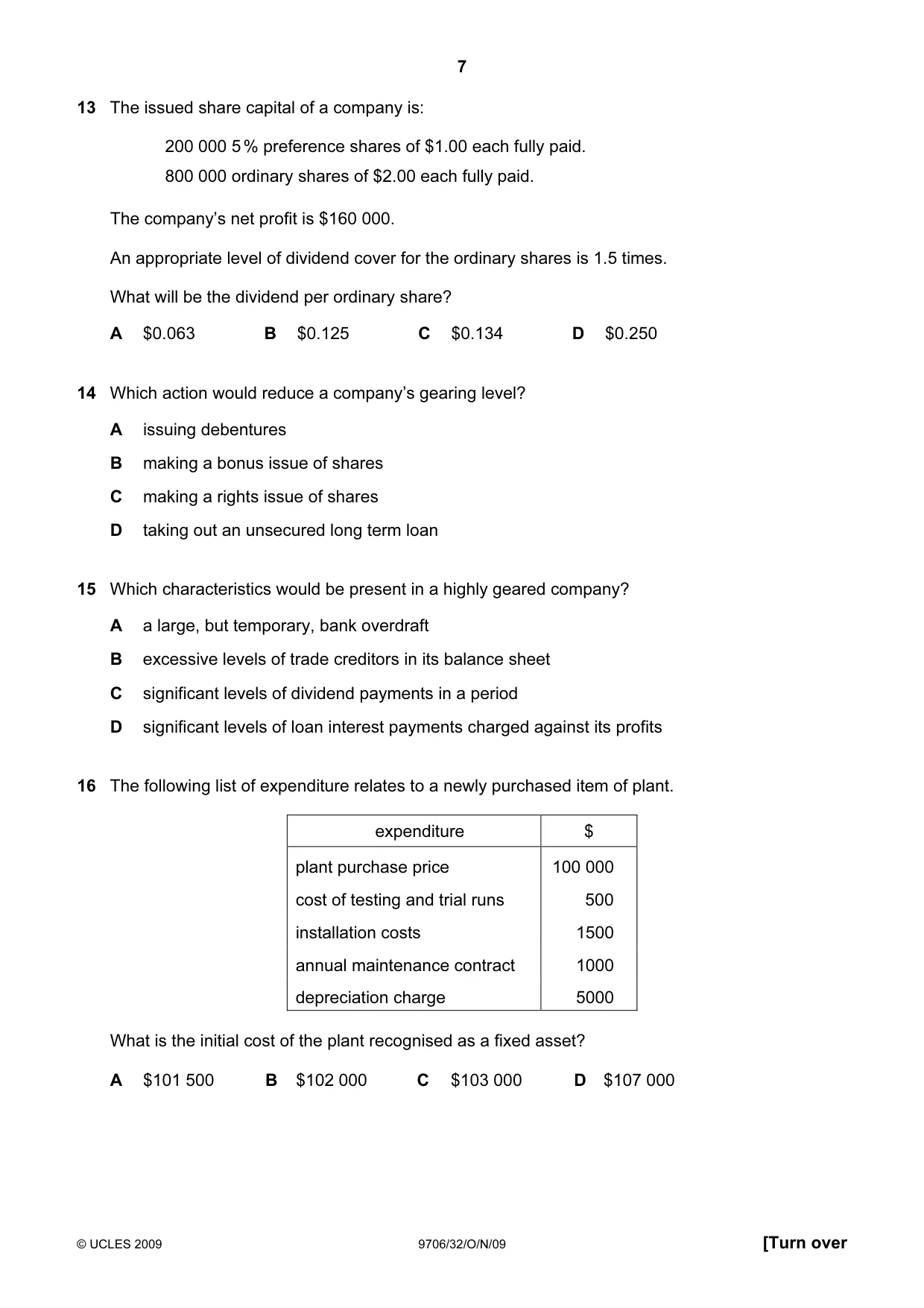 Cambridge A Level Accounting 9706 2009 Oct/Nov Paper 3 · Variant 2 question paper, page 7 of 12