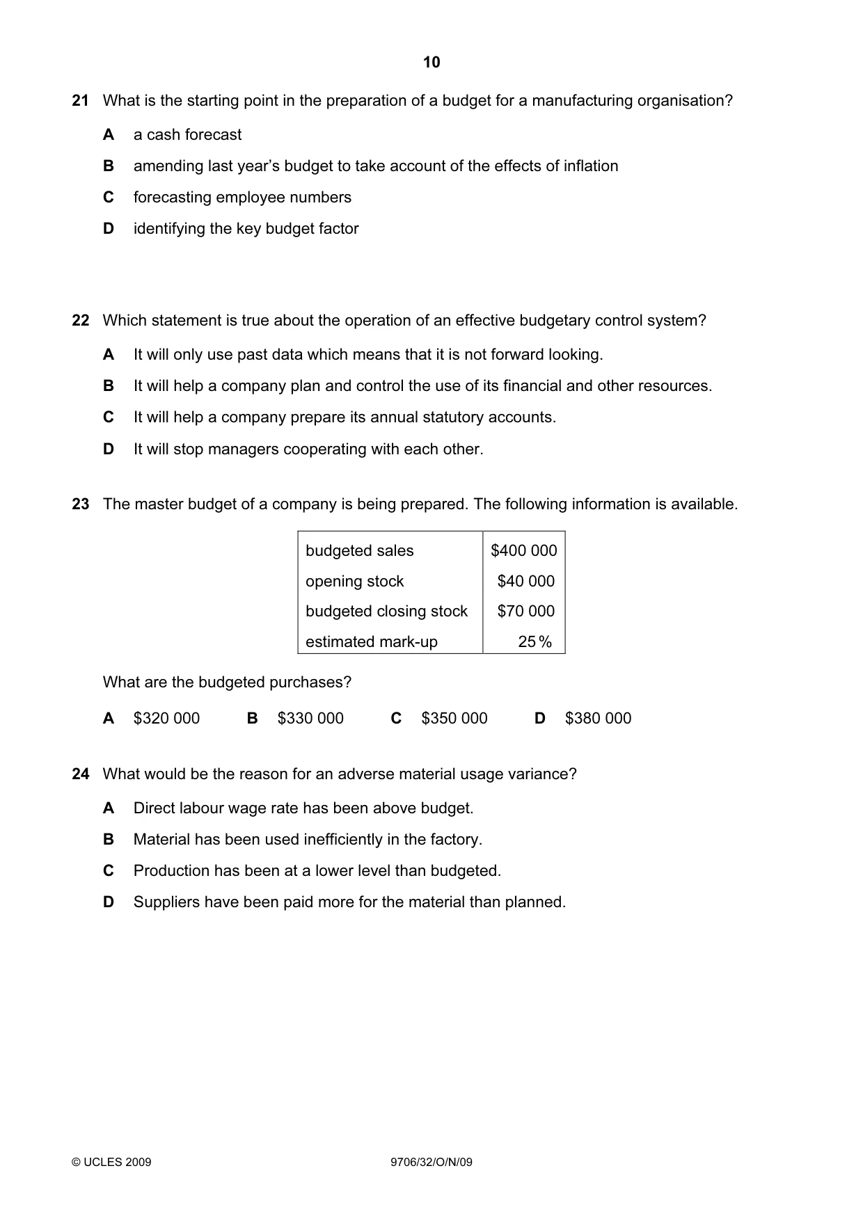 Cambridge A Level Accounting 9706 2009 Oct/Nov Paper 3 · Variant 2 question paper, page 10 of 12