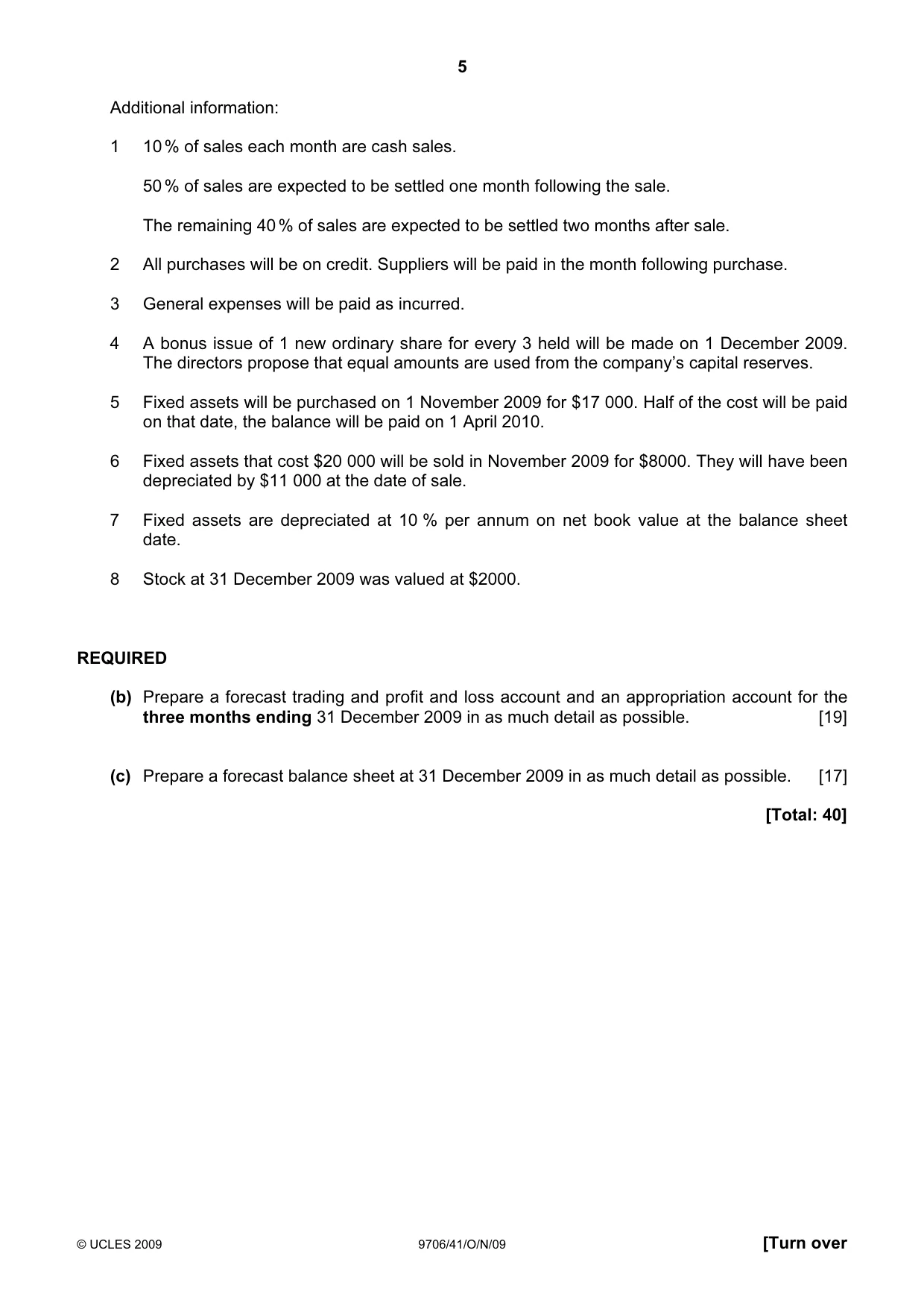 Cambridge A Level Accounting 9706 2009 Oct/Nov Paper 4 · Variant 1 question paper, page 5 of 8