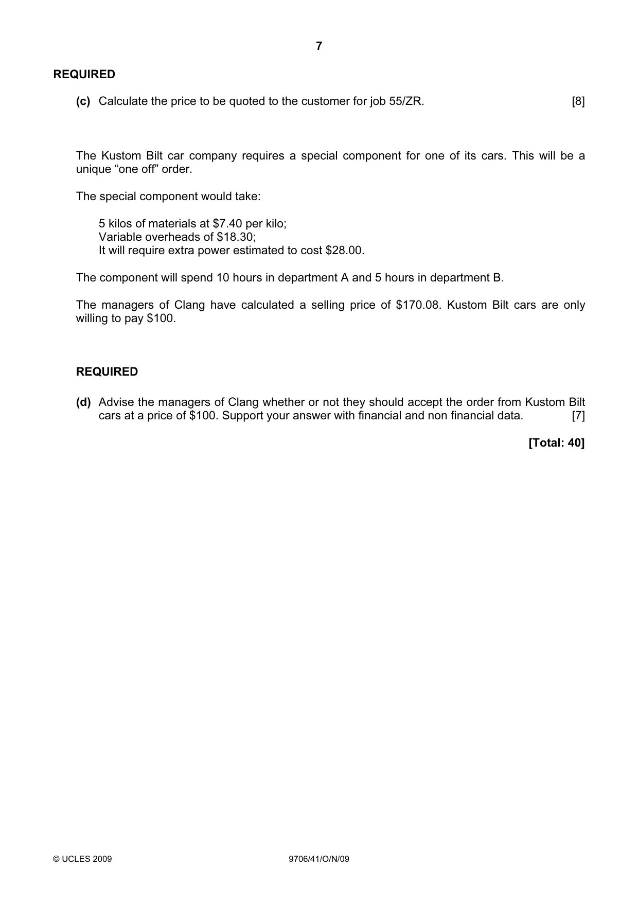 Cambridge A Level Accounting 9706 2009 Oct/Nov Paper 4 · Variant 1 question paper, page 7 of 8