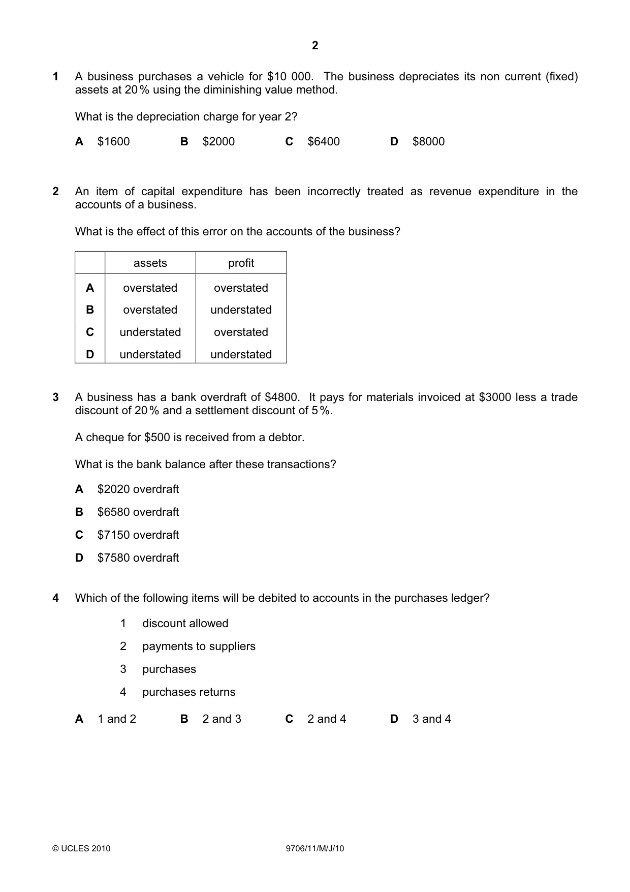 Cambridge A Level Accounting 9706 2010 May/June Paper 1 · Variant 1 question paper, page 2 of 12