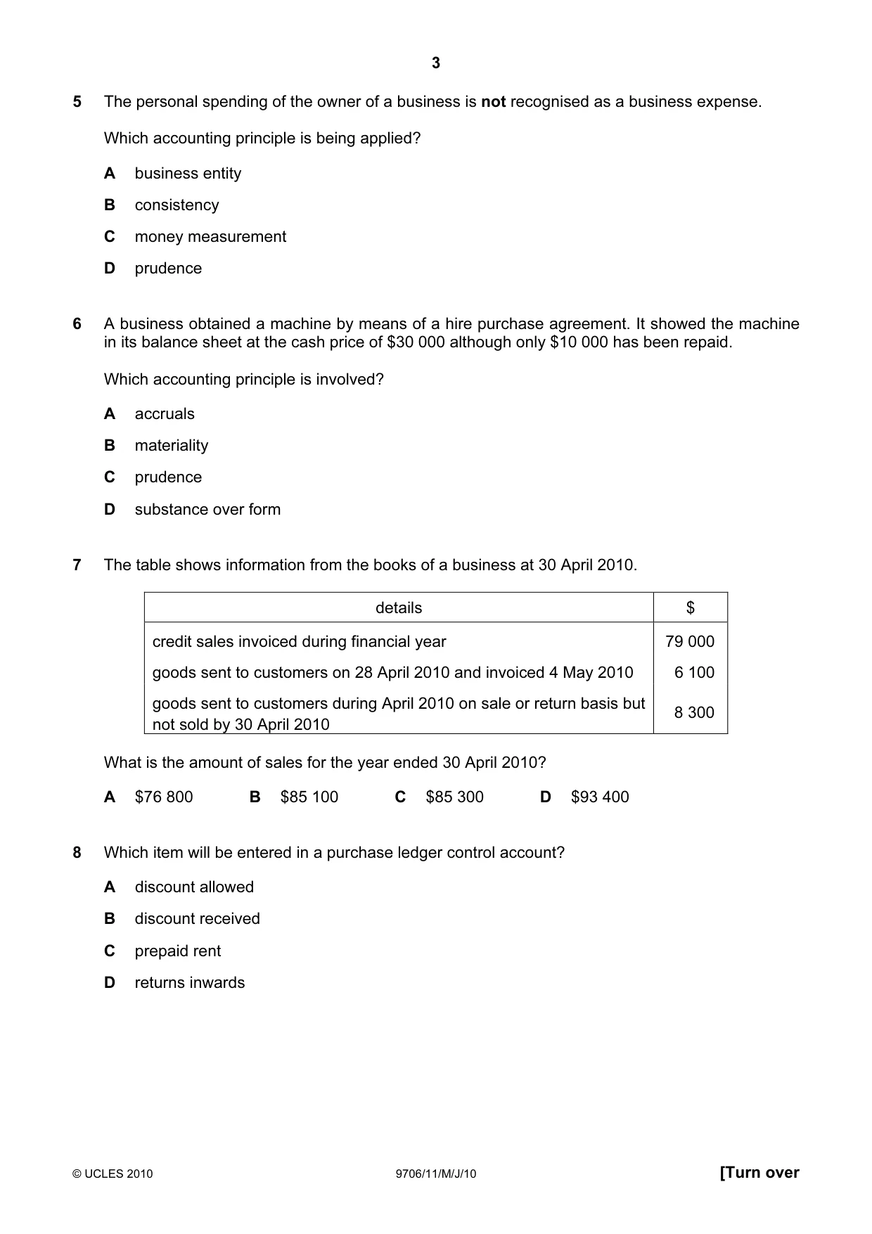 Cambridge A Level Accounting 9706 2010 May/June Paper 1 · Variant 1 question paper, page 3 of 12