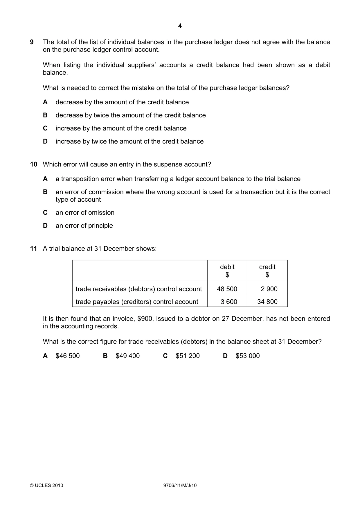 Cambridge A Level Accounting 9706 2010 May/June Paper 1 · Variant 1 question paper, page 4 of 12