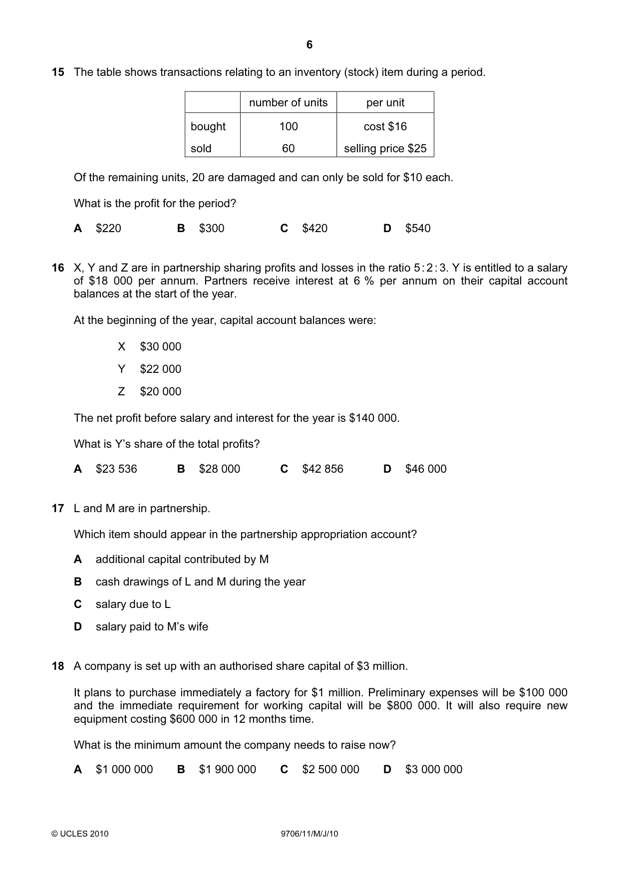 Cambridge A Level Accounting 9706 2010 May/June Paper 1 · Variant 1 question paper, page 6 of 12