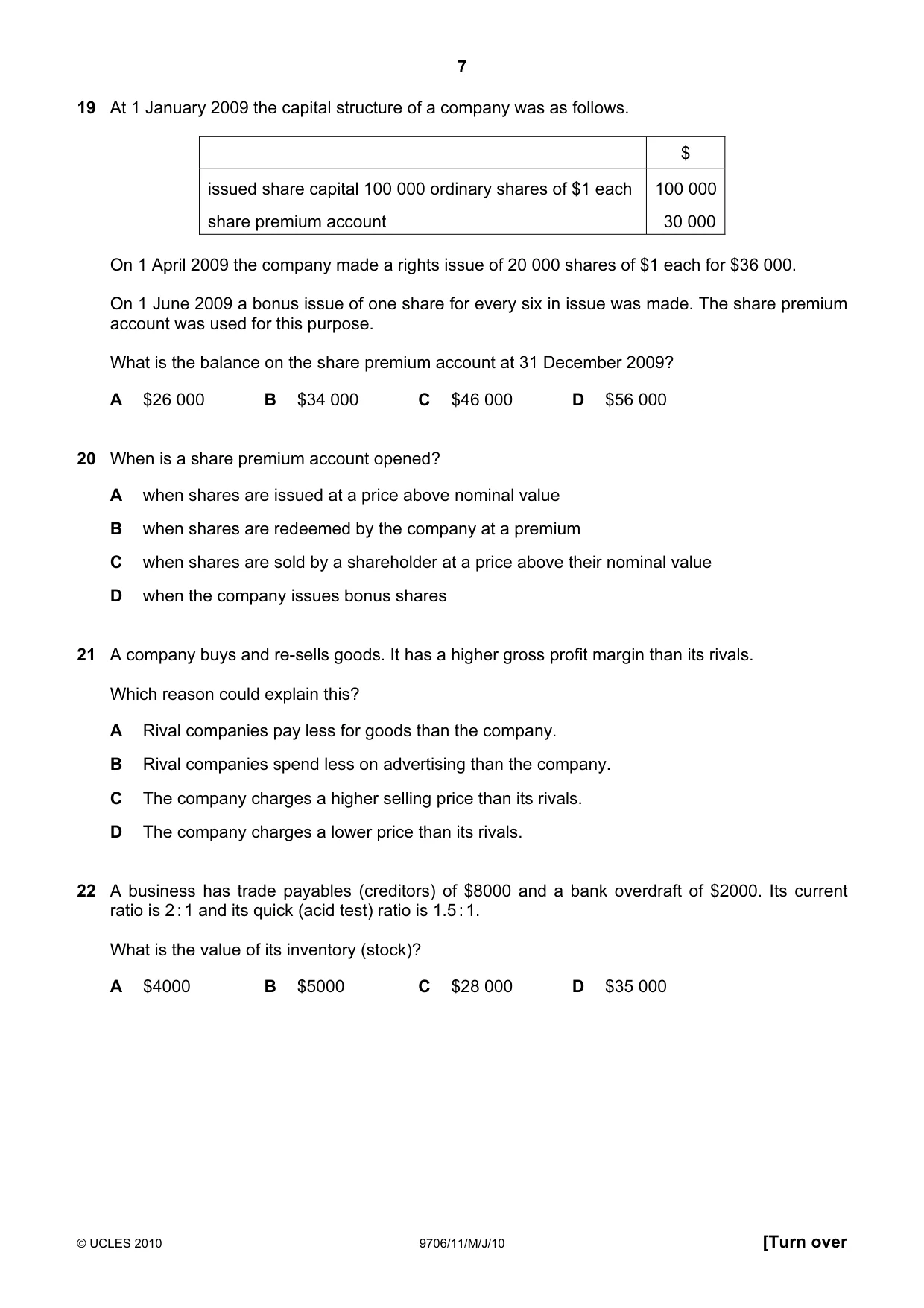 Cambridge A Level Accounting 9706 2010 May/June Paper 1 · Variant 1 question paper, page 7 of 12