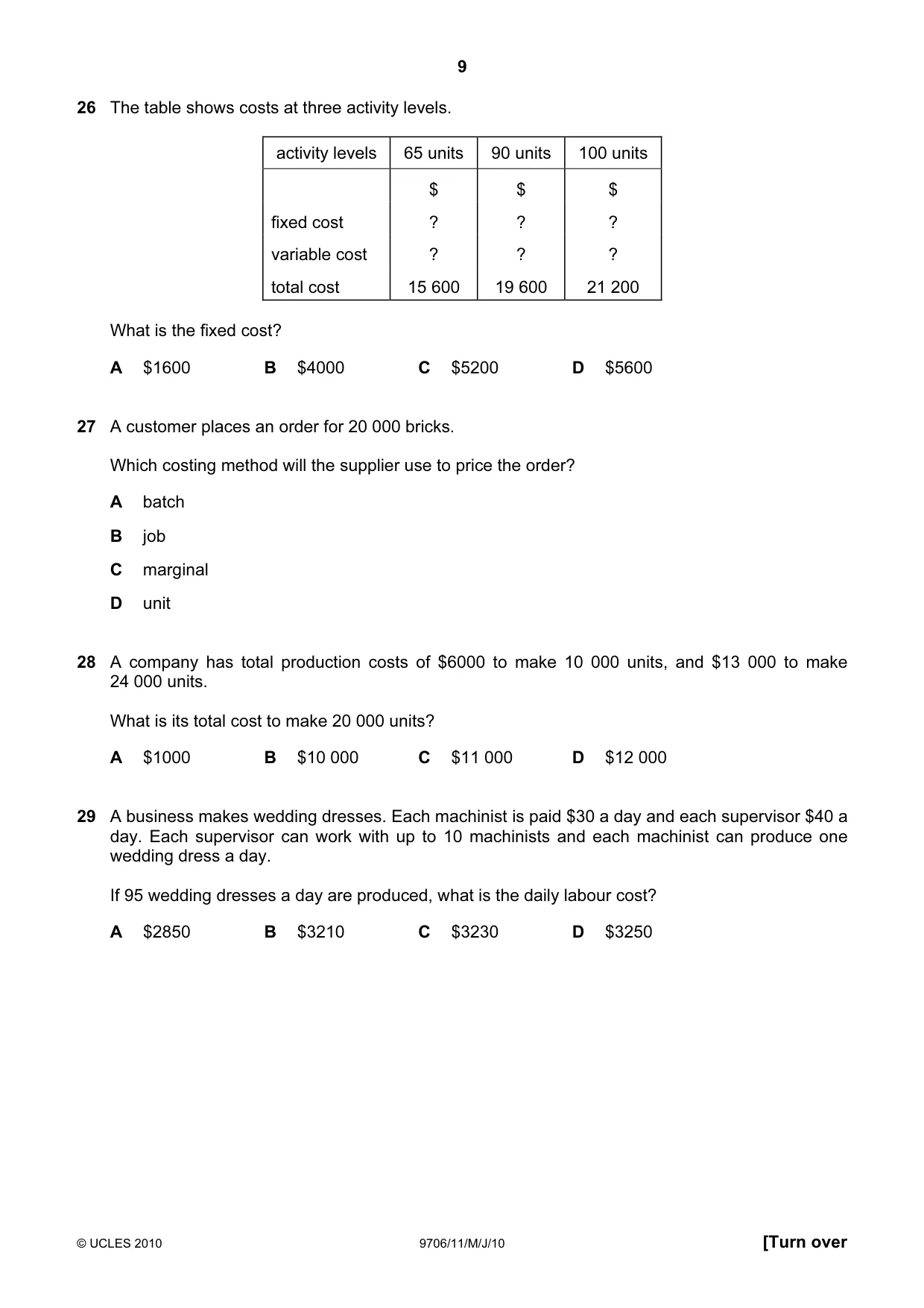 Cambridge A Level Accounting 9706 2010 May/June Paper 1 · Variant 1 question paper, page 9 of 12