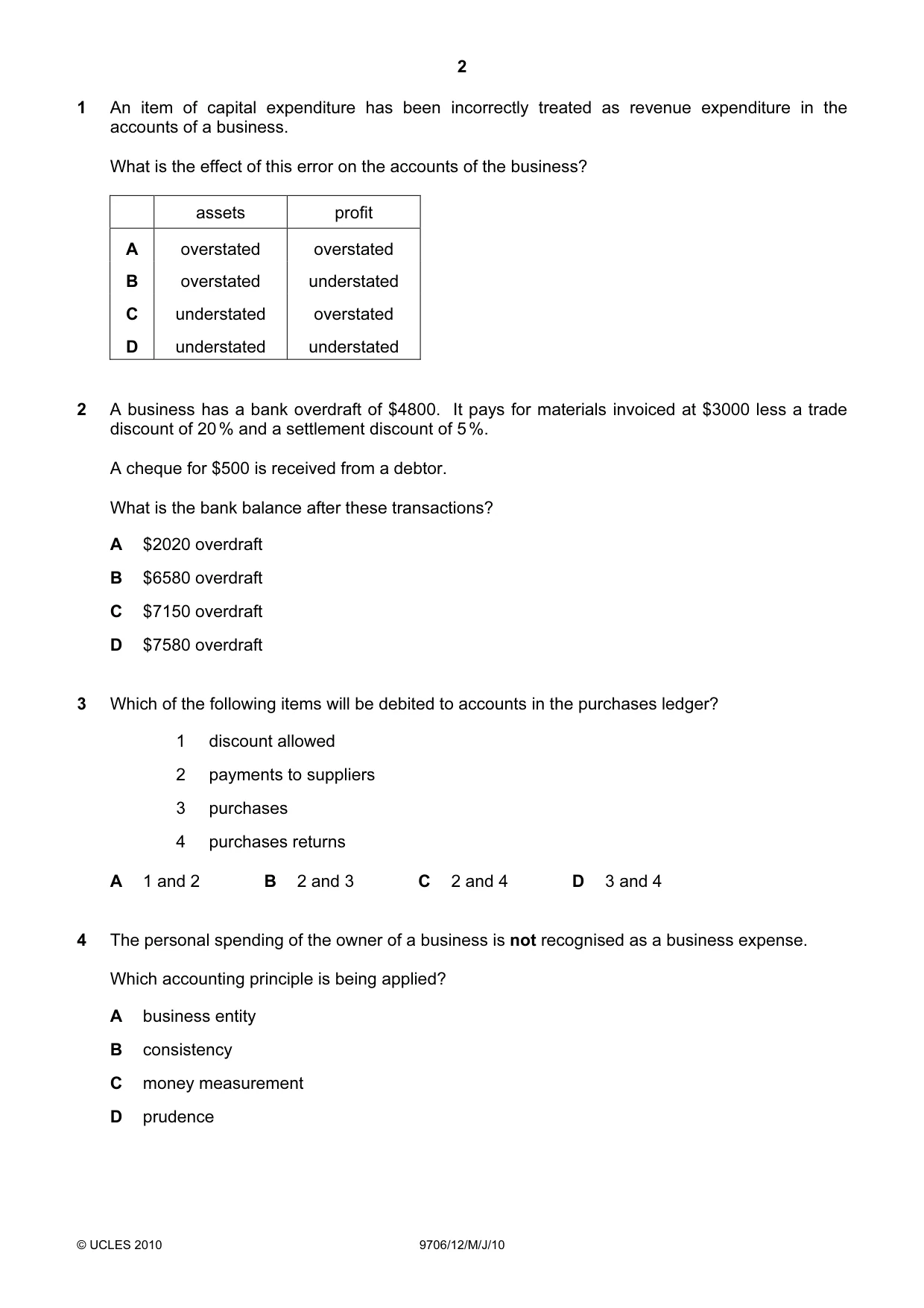 Cambridge A Level Accounting 9706 2010 May/June Paper 1 · Variant 2 question paper, page 2 of 12