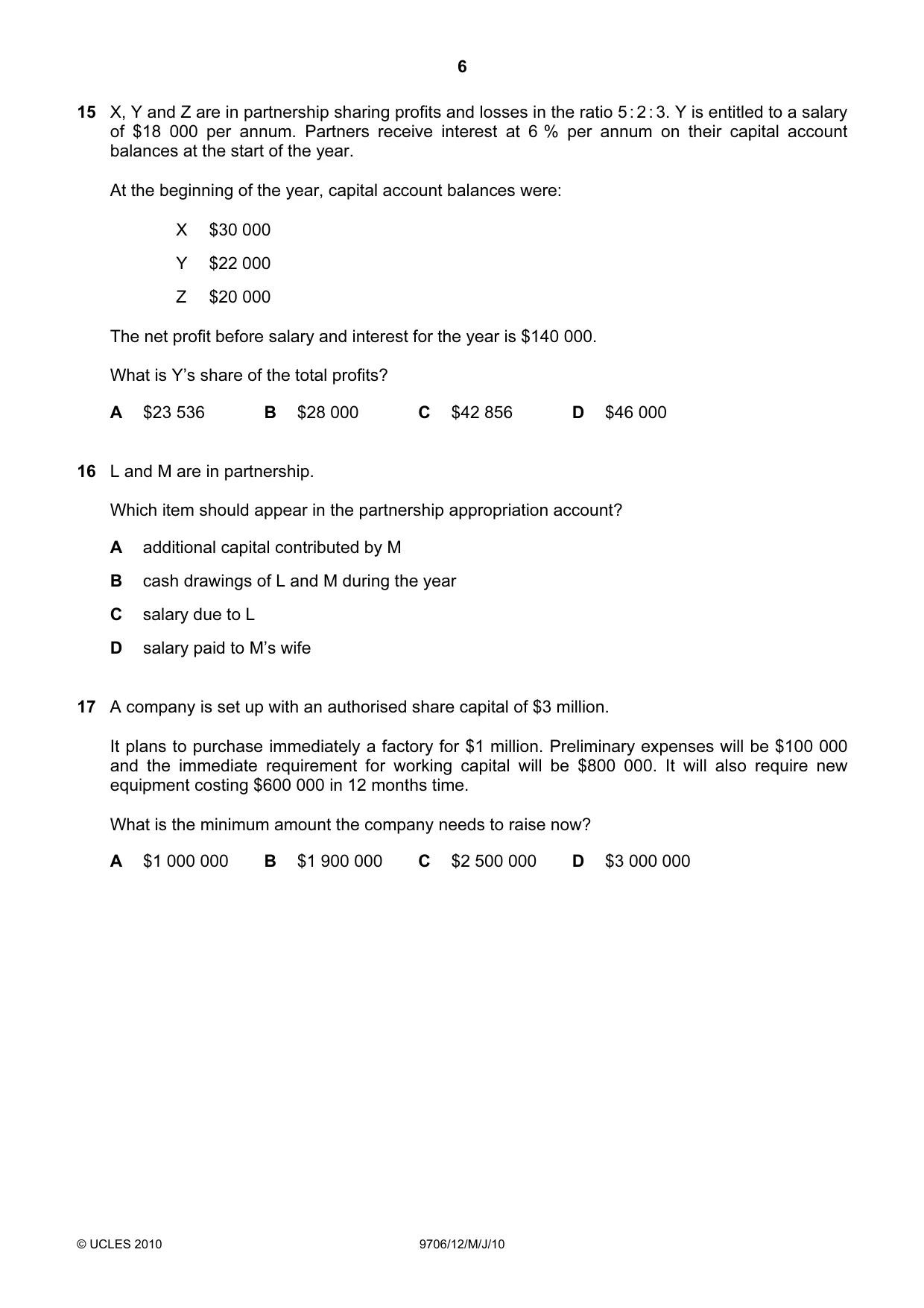 Cambridge A Level Accounting 9706 2010 May/June Paper 1 · Variant 2 question paper, page 6 of 12