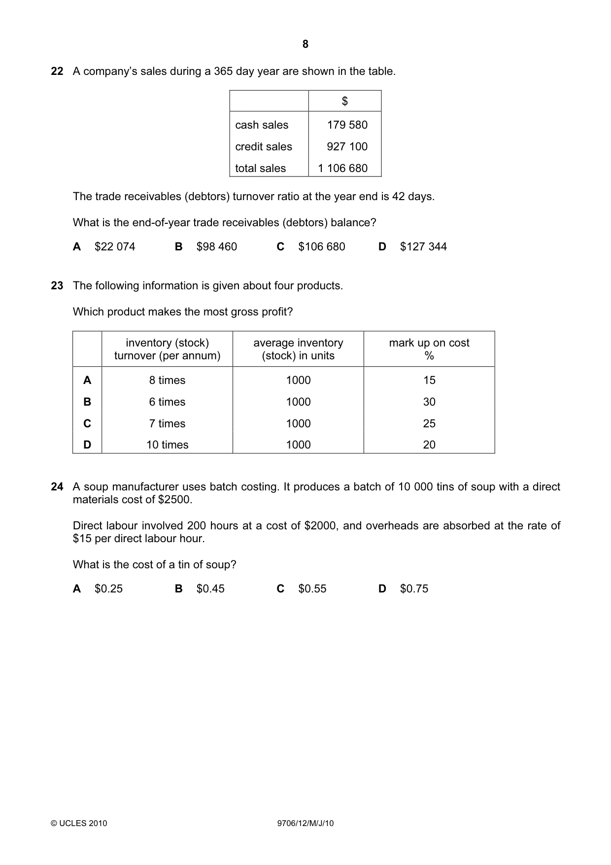 Cambridge A Level Accounting 9706 2010 May/June Paper 1 · Variant 2 question paper, page 8 of 12