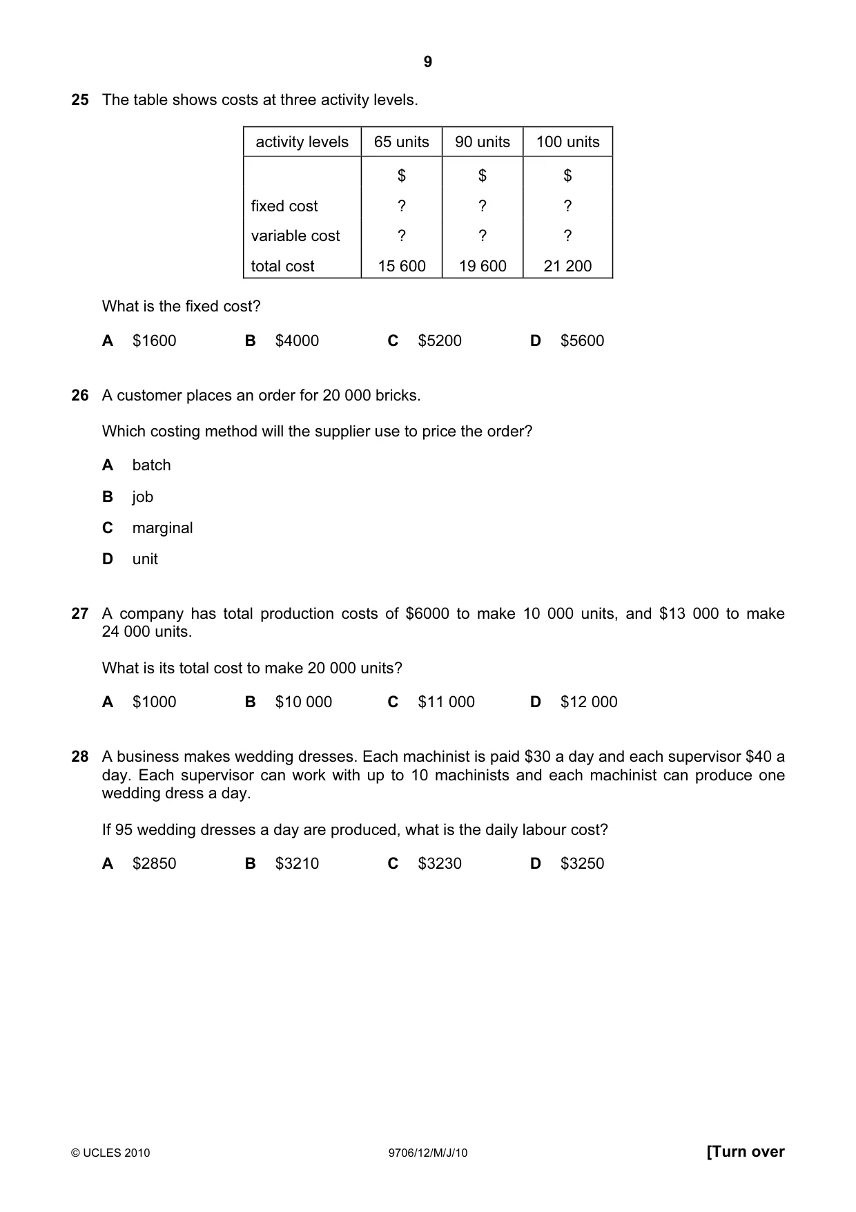 Cambridge A Level Accounting 9706 2010 May/June Paper 1 · Variant 2 question paper, page 9 of 12
